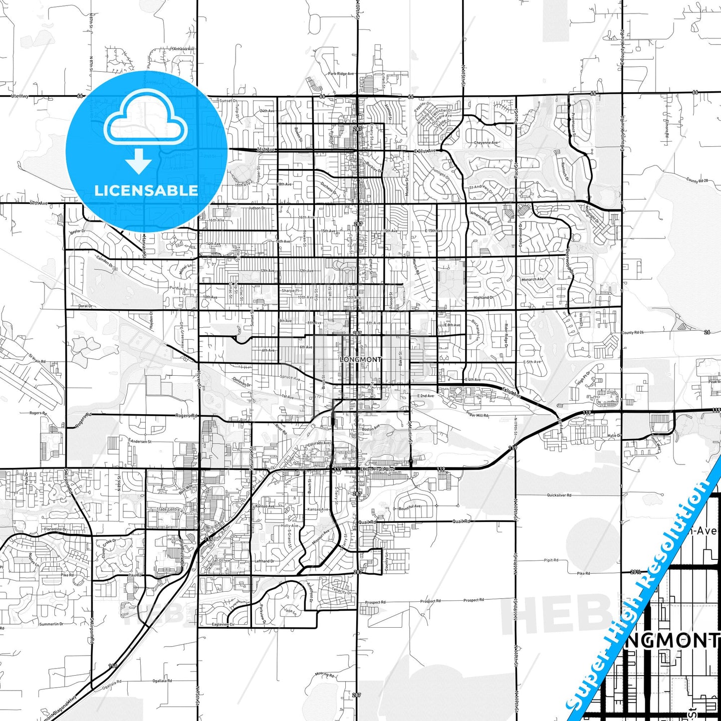 Longmont, Colorado Light Map with Street Names, City Names, and Districts