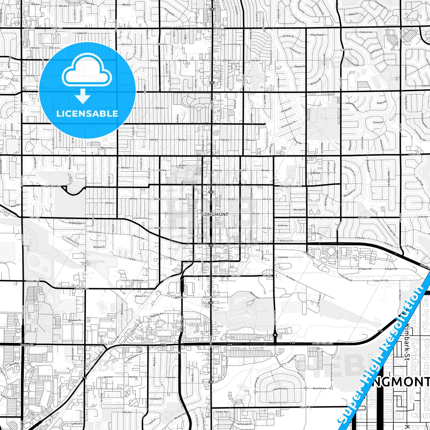 Longmont, Colorado Light Map with Street Names, City Names, and Districts
