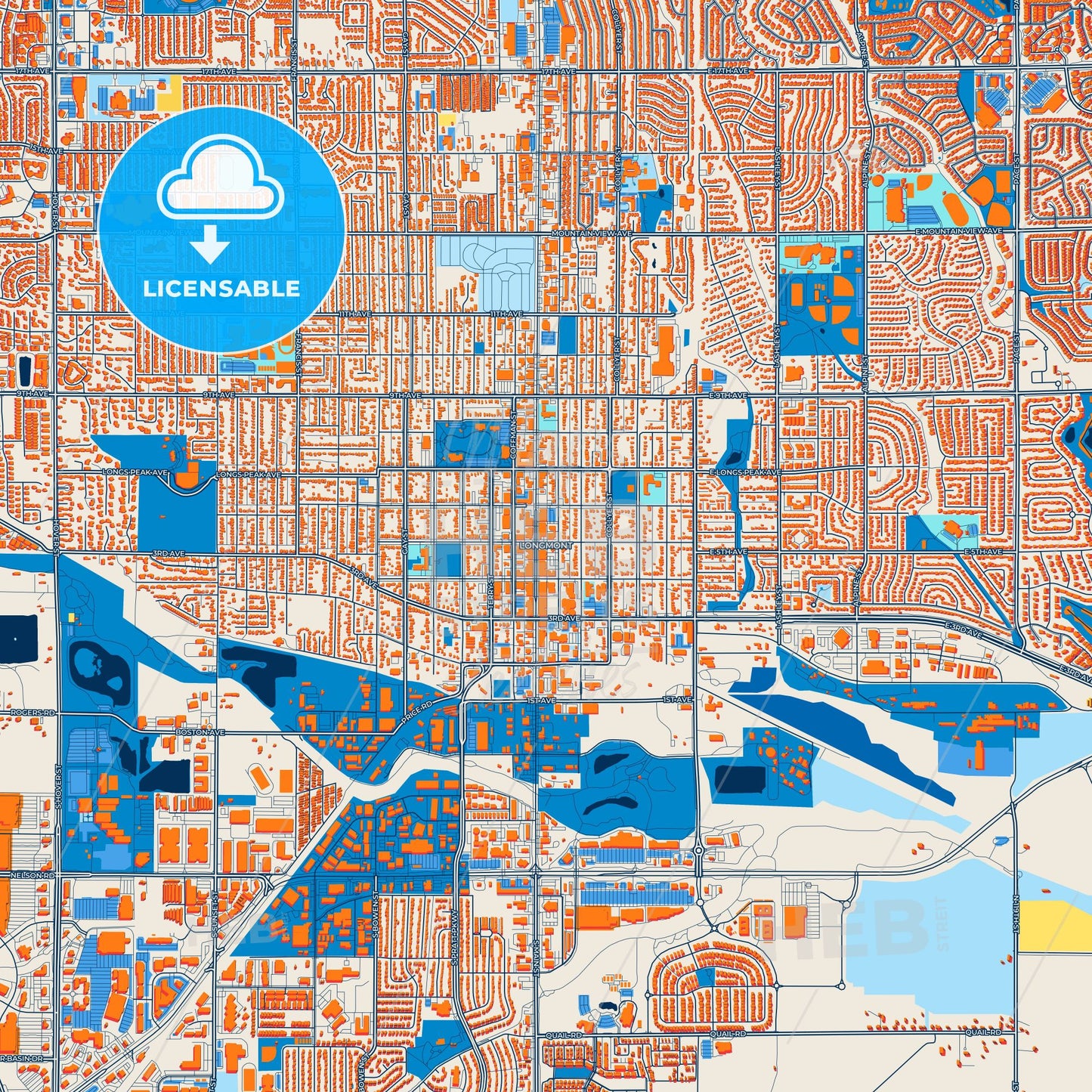 Colorful Longmont Street Map with Labels and Buildings