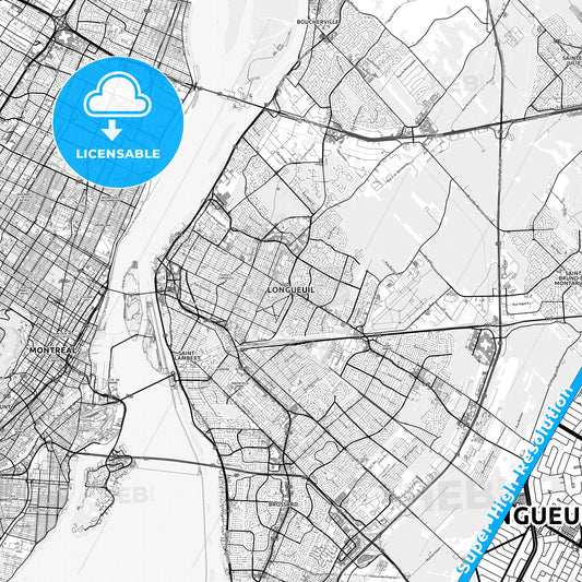 Longueuil, Canada light map with streetnames, citynames and districts