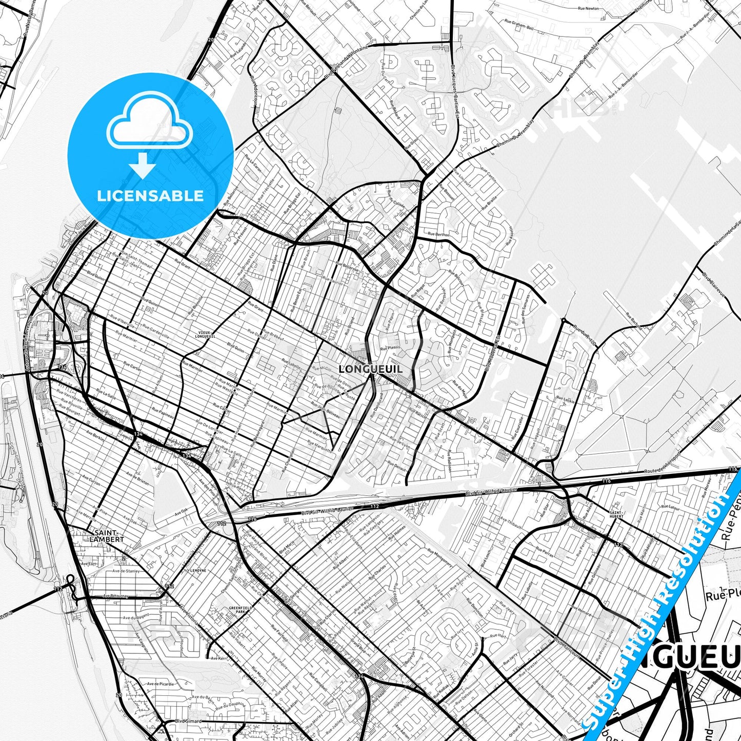Longueuil, Canada Light Map with Street Names, City Names, and Districts