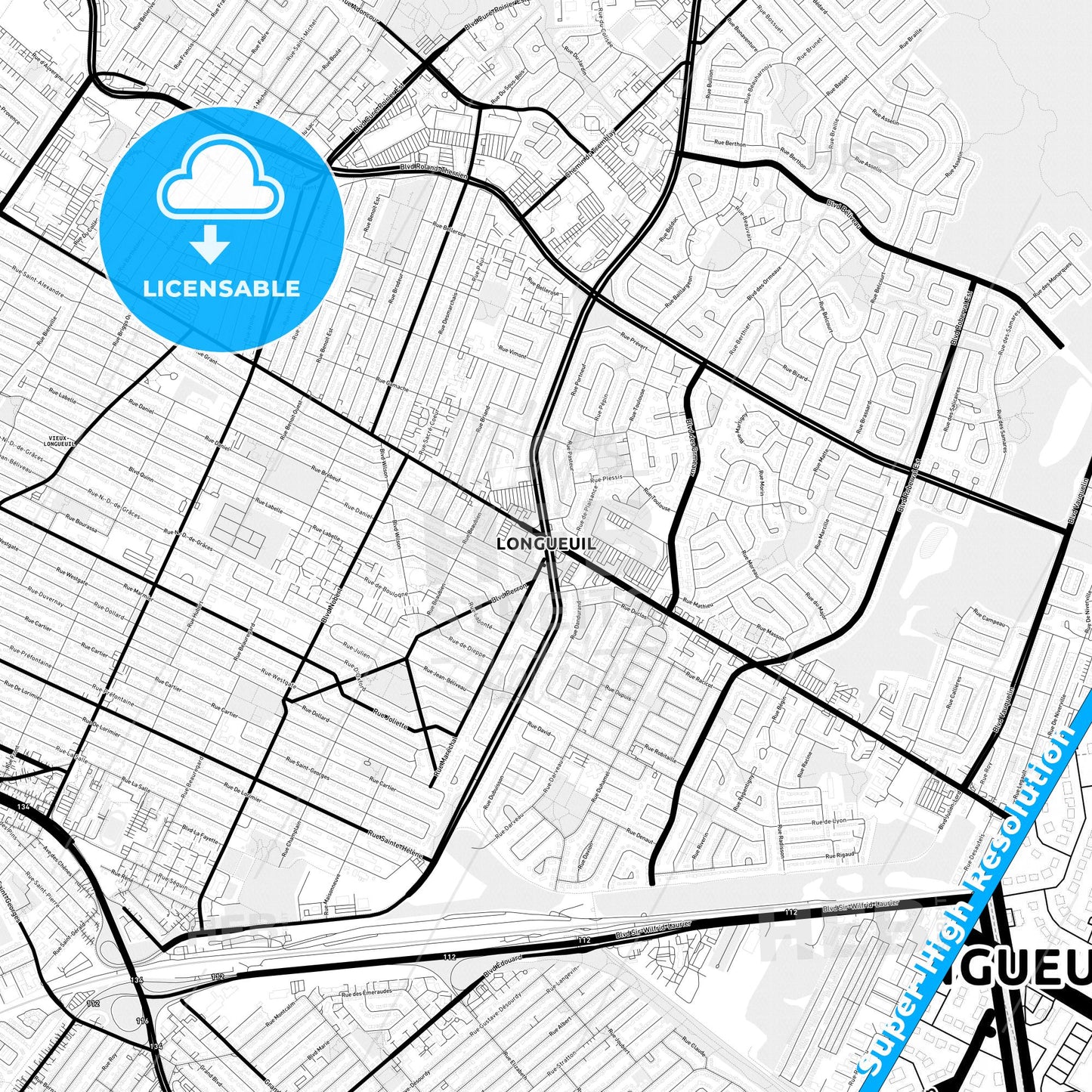Longueuil, Canada Light Map with Street Names, City Names, and Districts