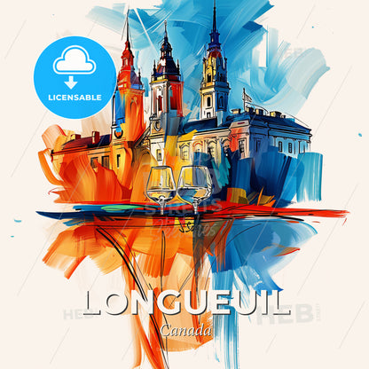 Vibrant Longueuil, Canada - A Painting Of A Building With Towers And Wine Glasses - Square format print template