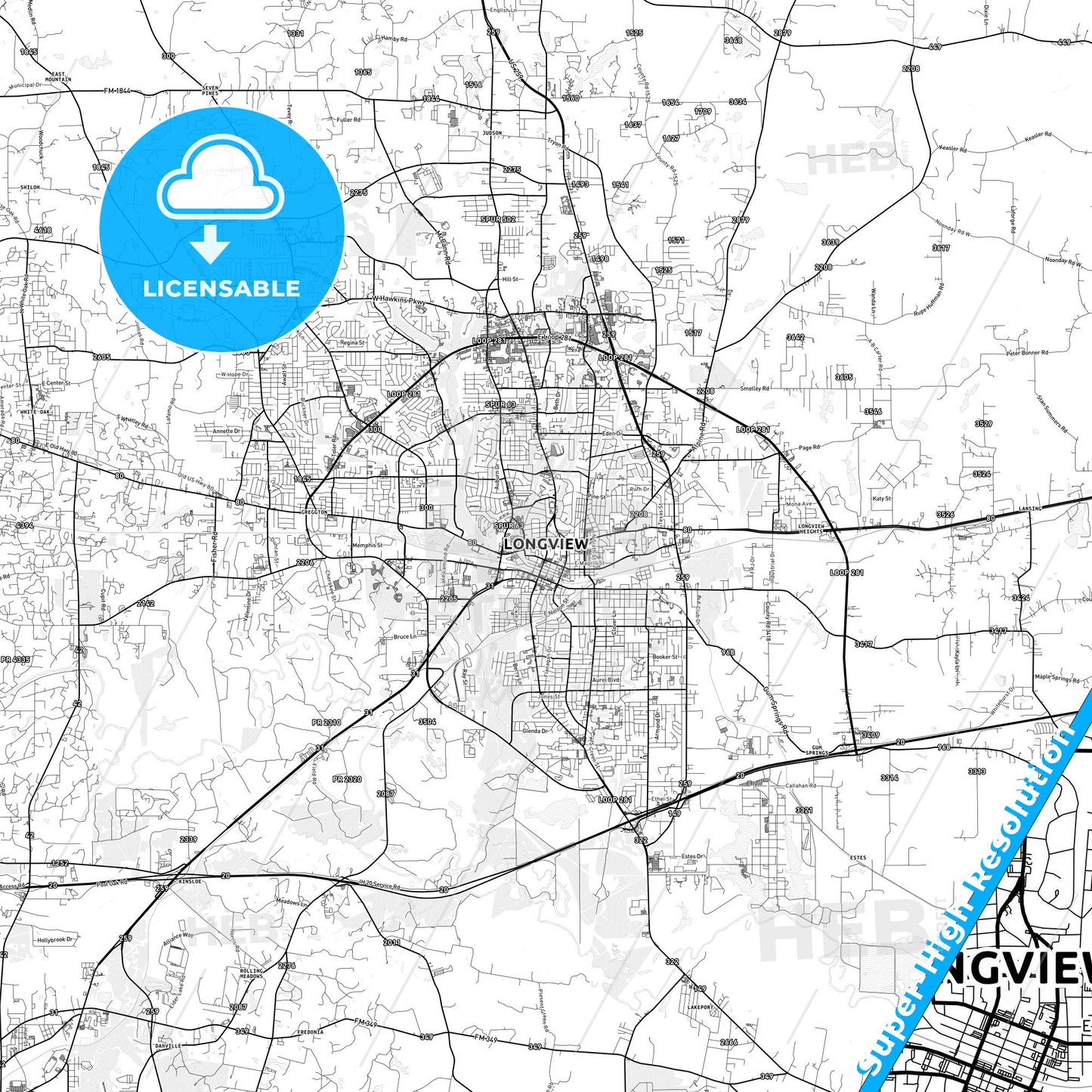 Longview, Texas light map with streetnames, citynames and districts