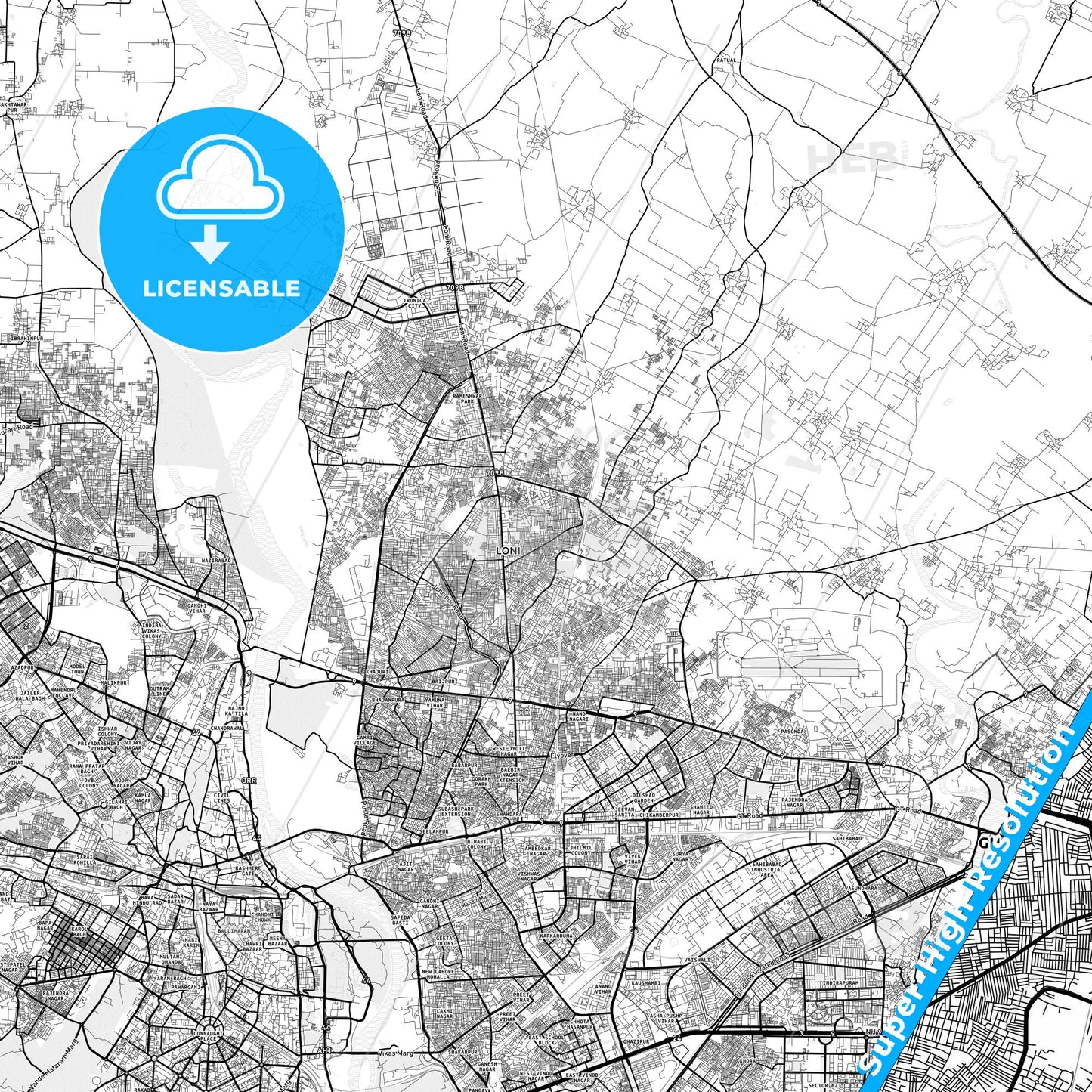 Loni, India light map with streetnames, citynames and districts