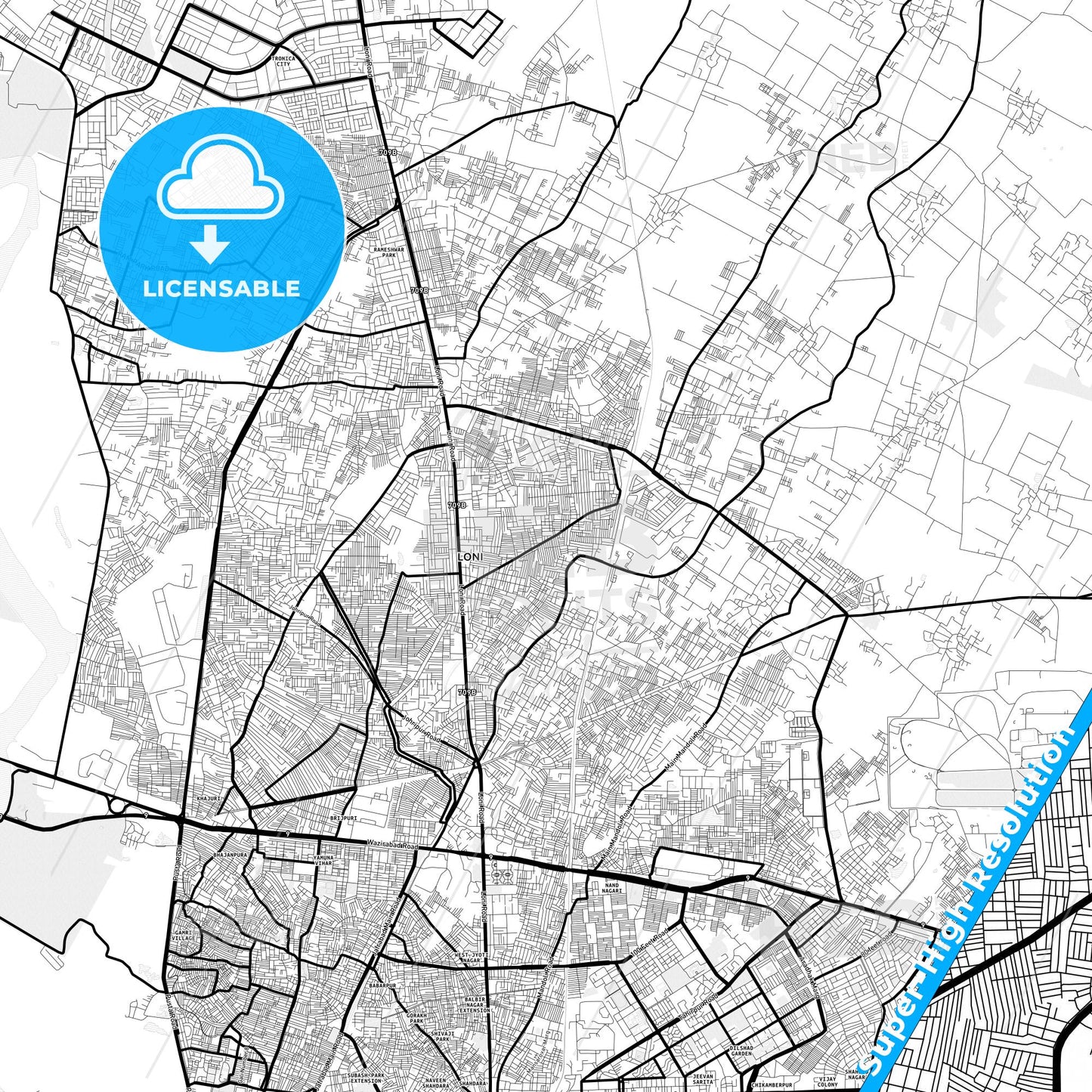 Loni, India Light Map with Street Names, City Names, and Districts
