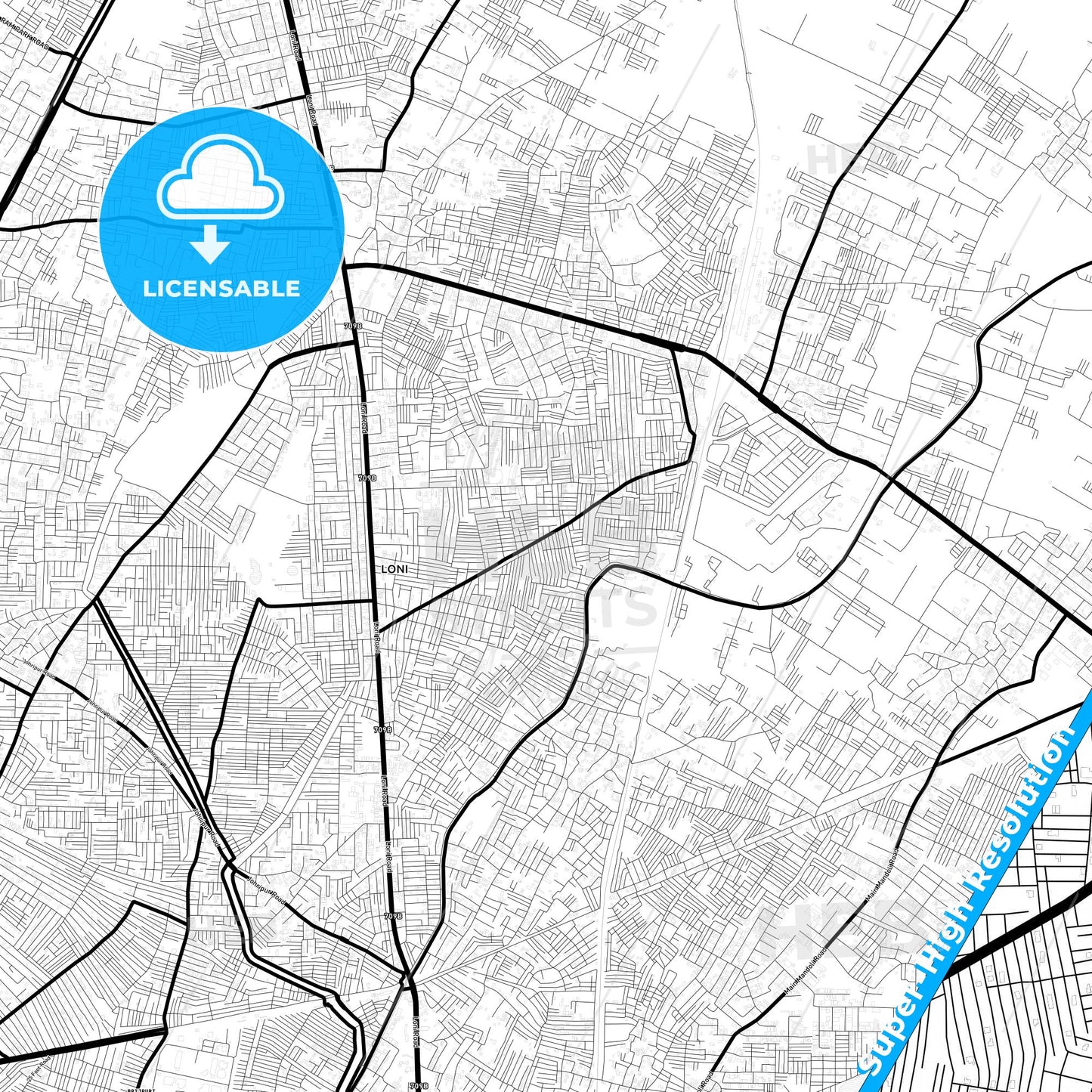 Loni, India Light Map with Street Names, City Names, and Districts