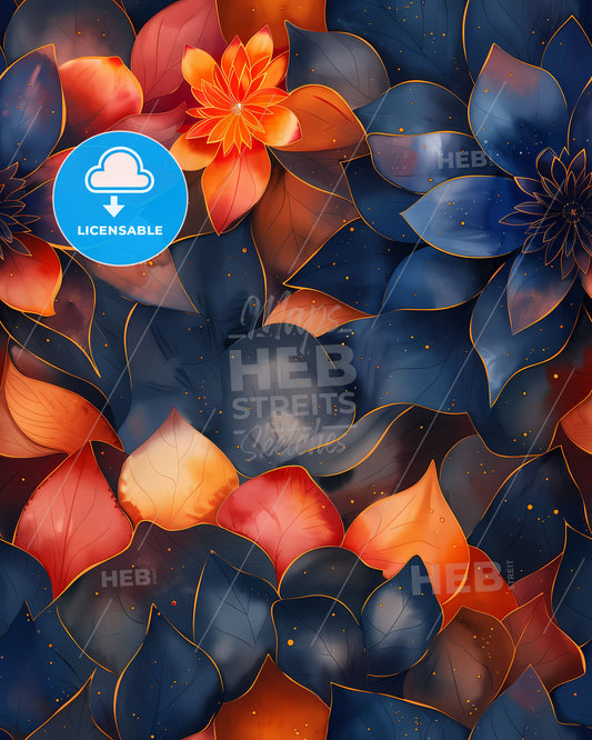 Royalty-Free Seamless Colorful Watercolor Mandala Floral Pattern with Abstract Orange and Blue Leaves for Textile Design