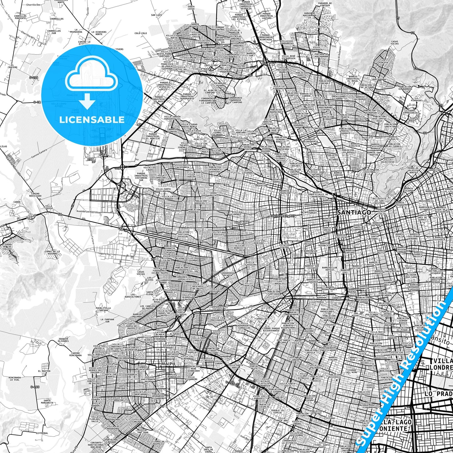 Lo Prado, Chile light map with streetnames, citynames and districts