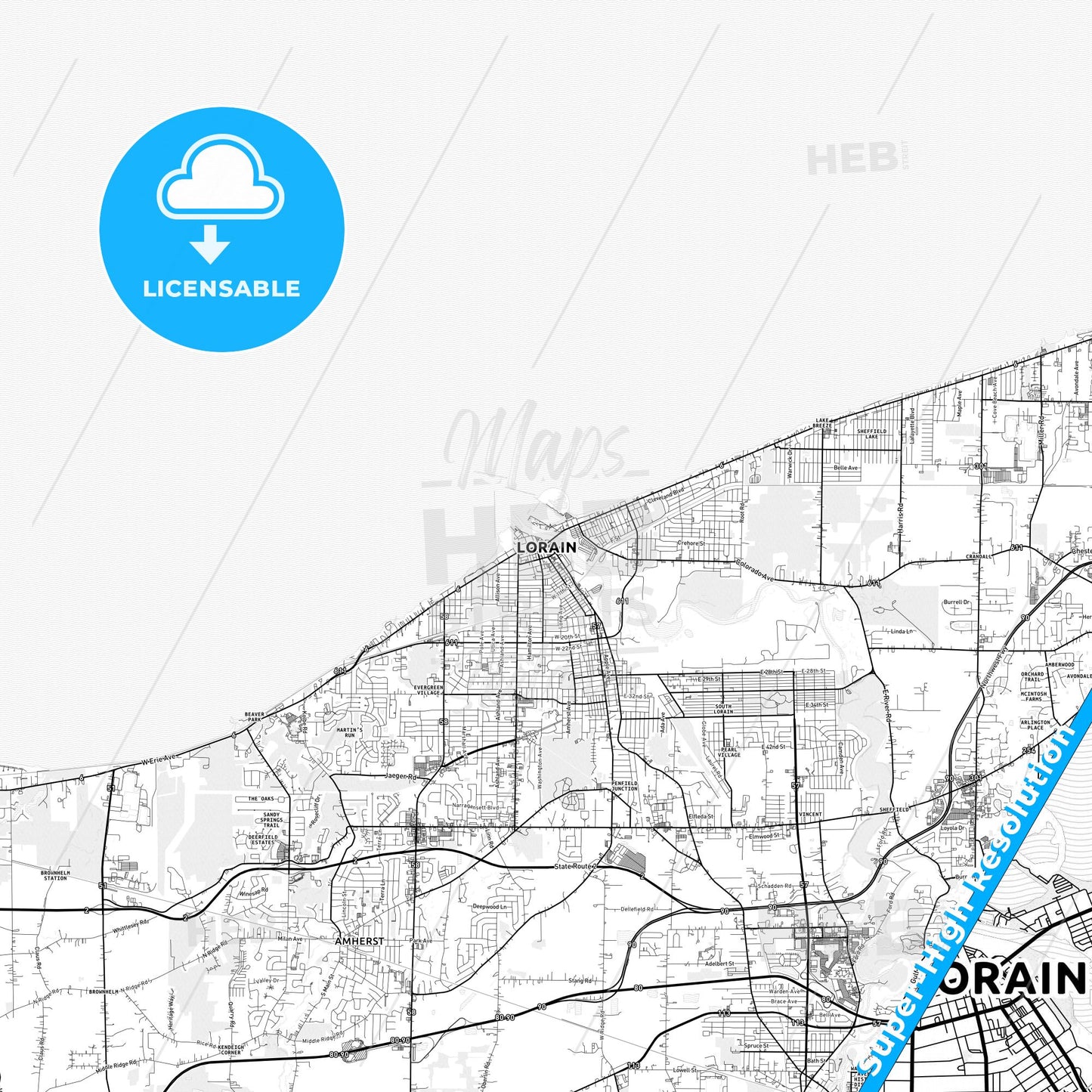 Lorain, Ohio light map with streetnames, citynames and districts