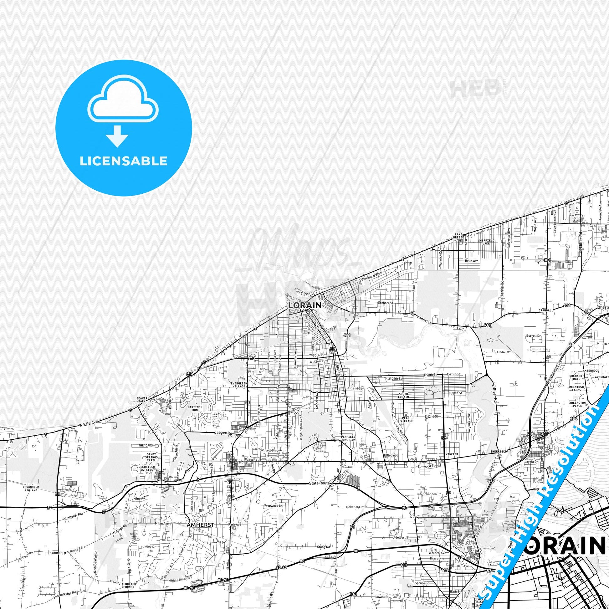 Lorain, Ohio light map with streetnames, citynames and districts