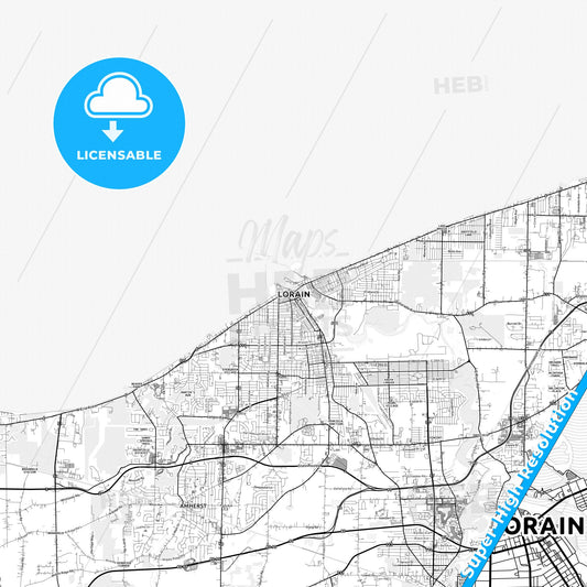 Lorain, Ohio light map with streetnames, citynames and districts