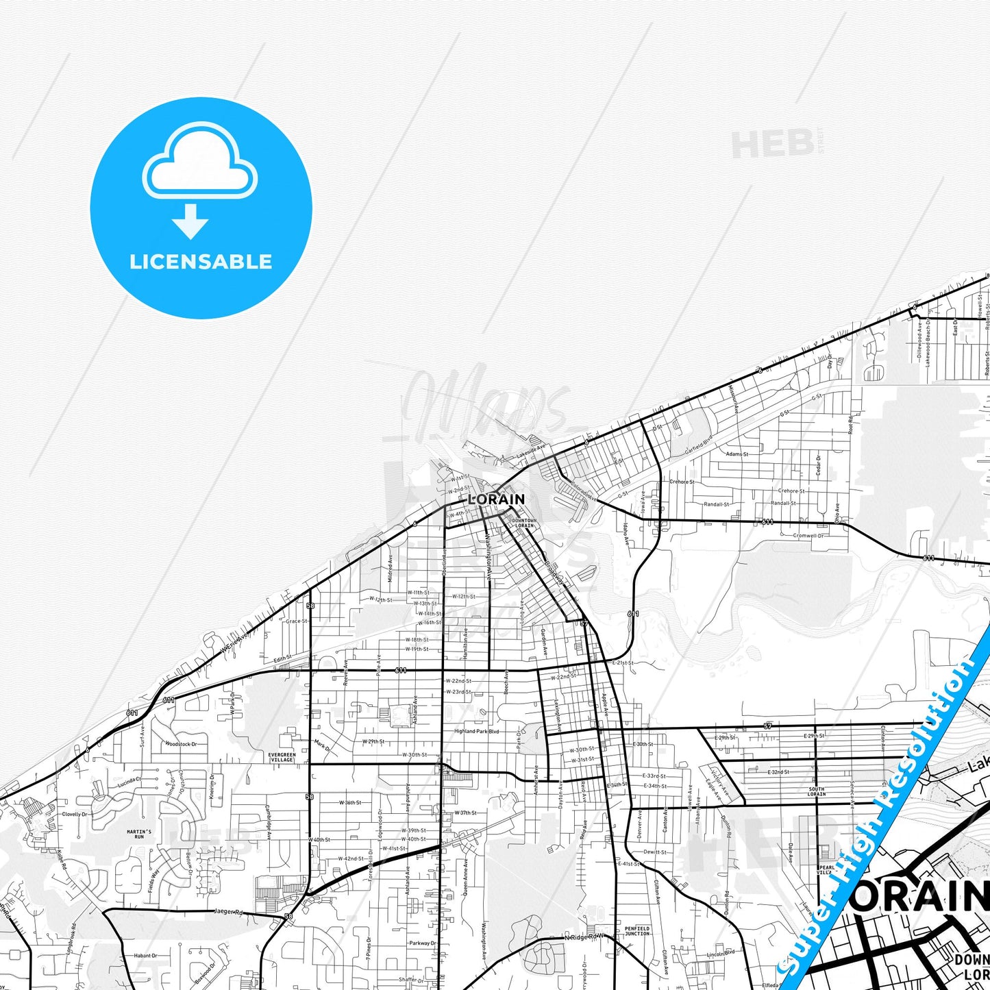 Lorain, Ohio Light Map with Street Names, City Names, and Districts