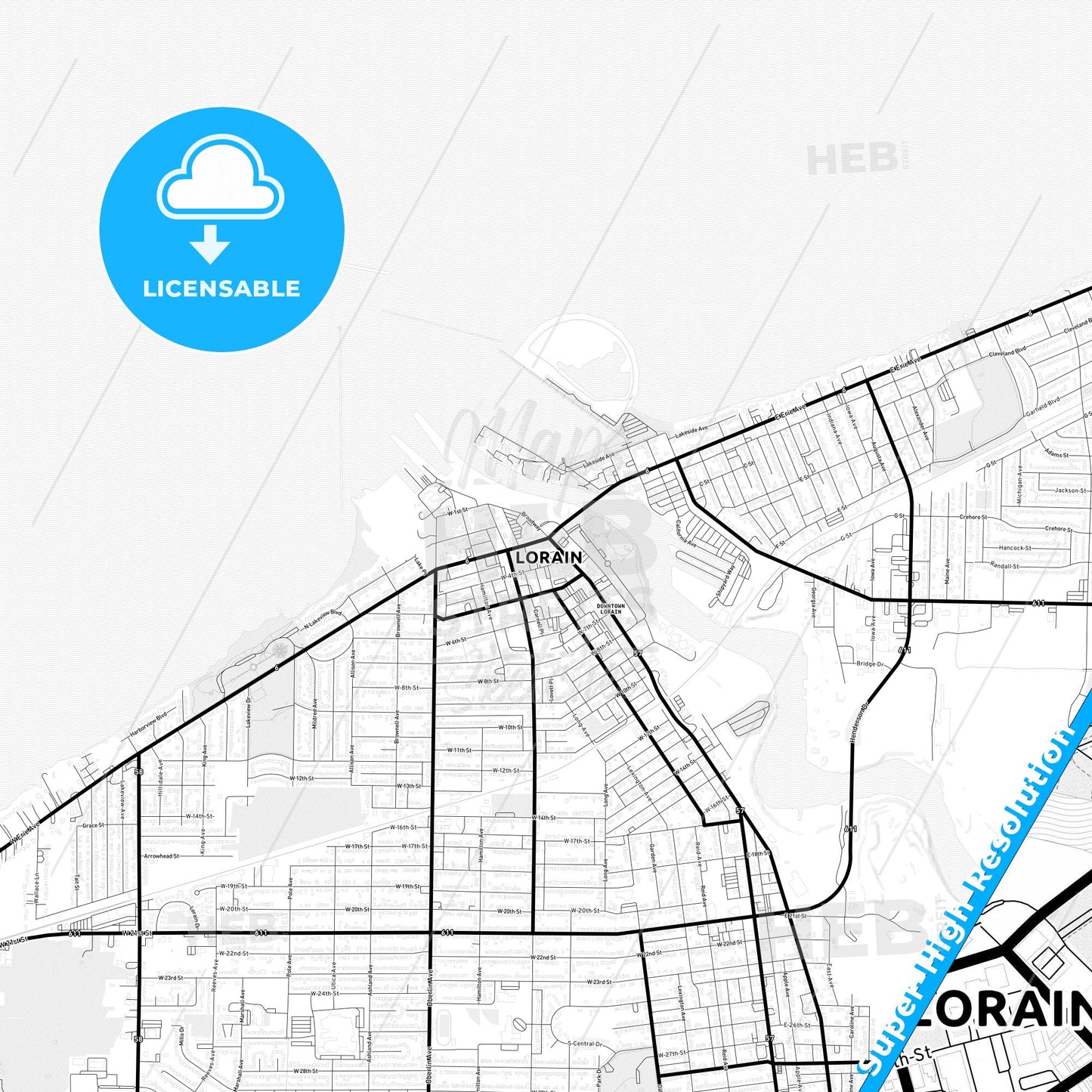 Lorain, Ohio Light Map with Street Names, City Names, and Districts