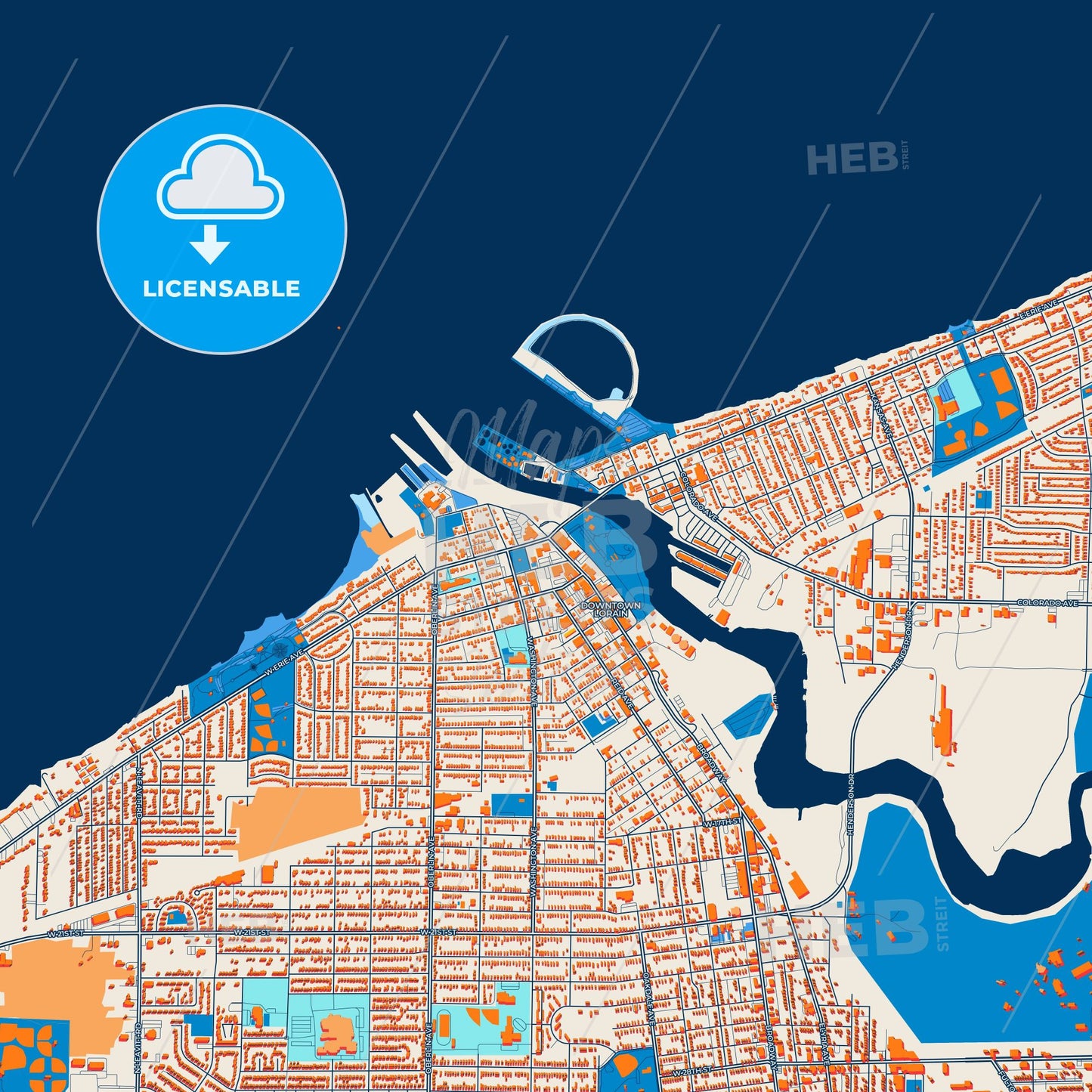 Colorful Lorain Street Map with Labels and Buildings
