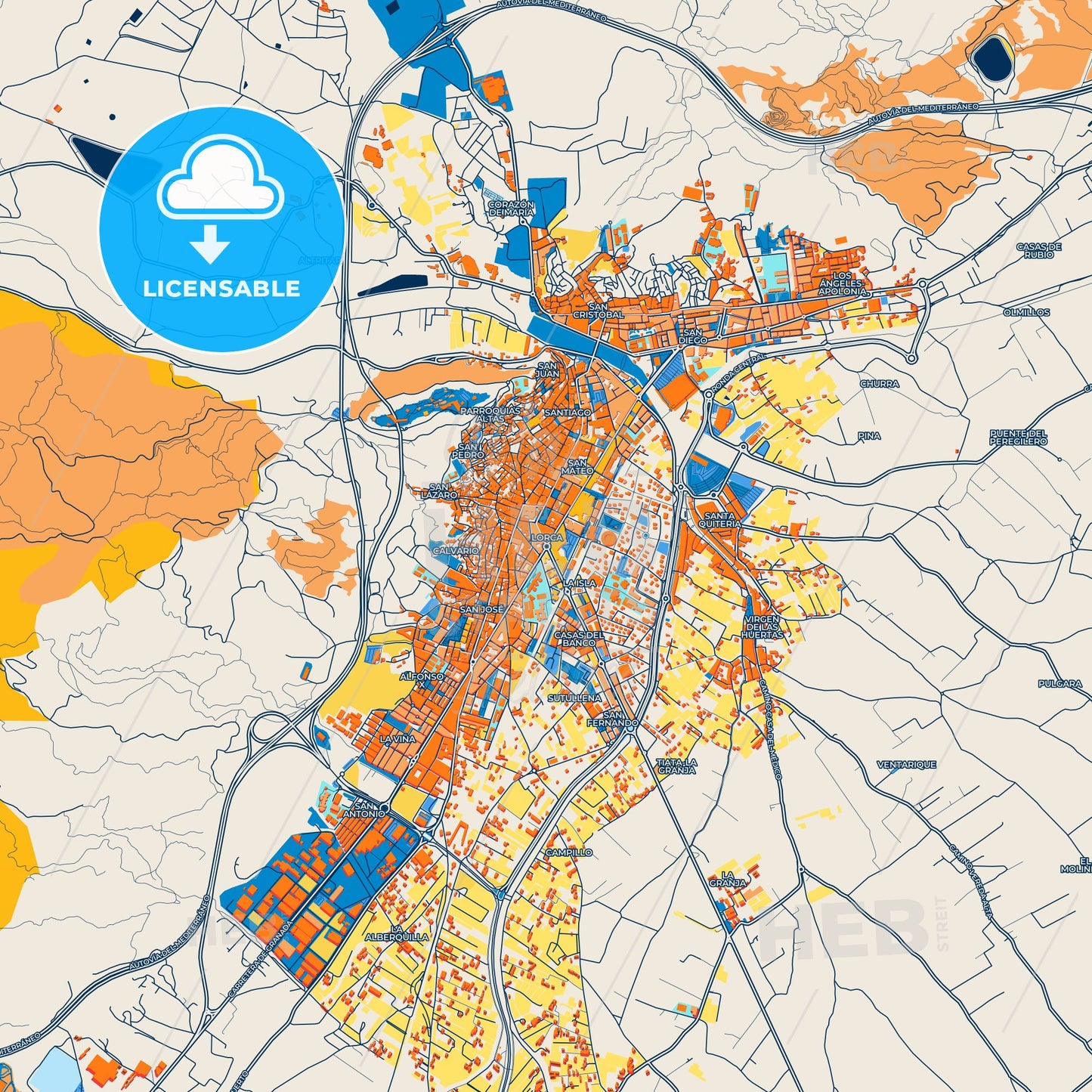 Colorful Lorca Street Map with Labels and Buildings