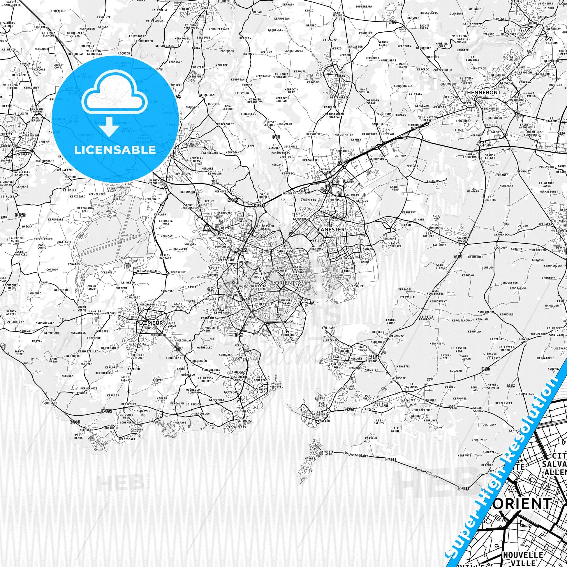 Lorient, France light map with streetnames, citynames and districts