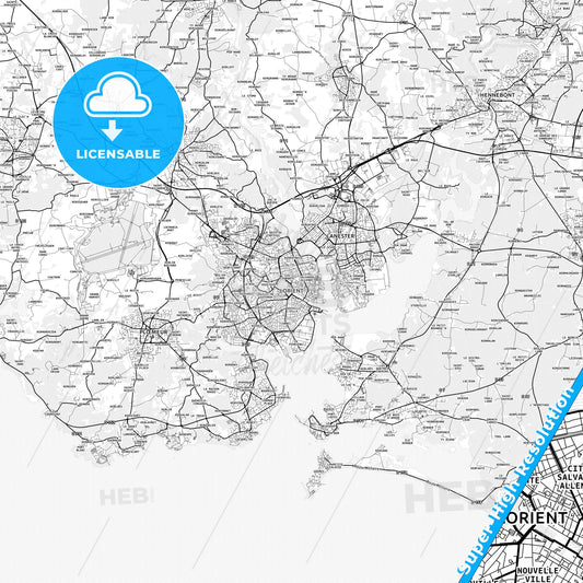 Lorient, France light map with streetnames, citynames and districts