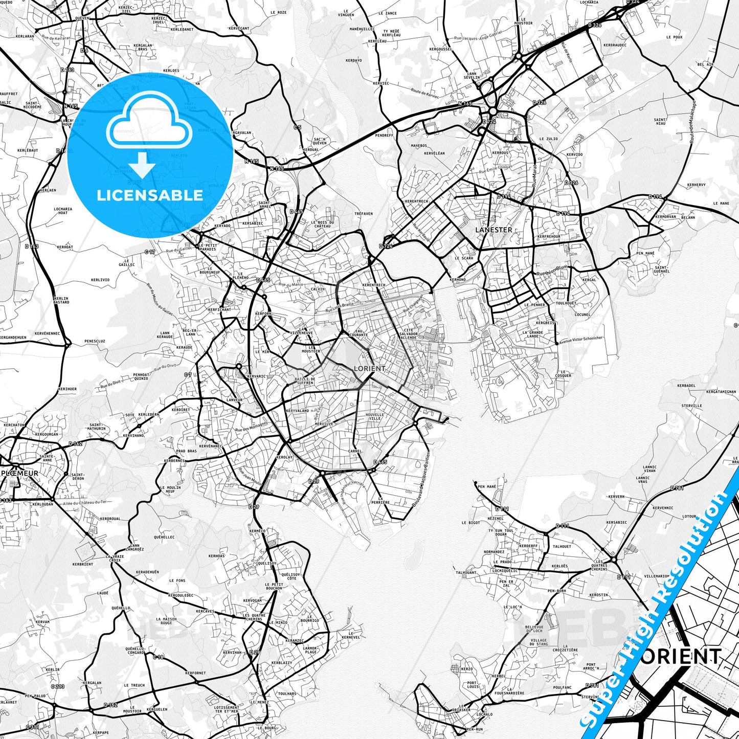 Lorient, France Light Map with Street Names, City Names, and Districts