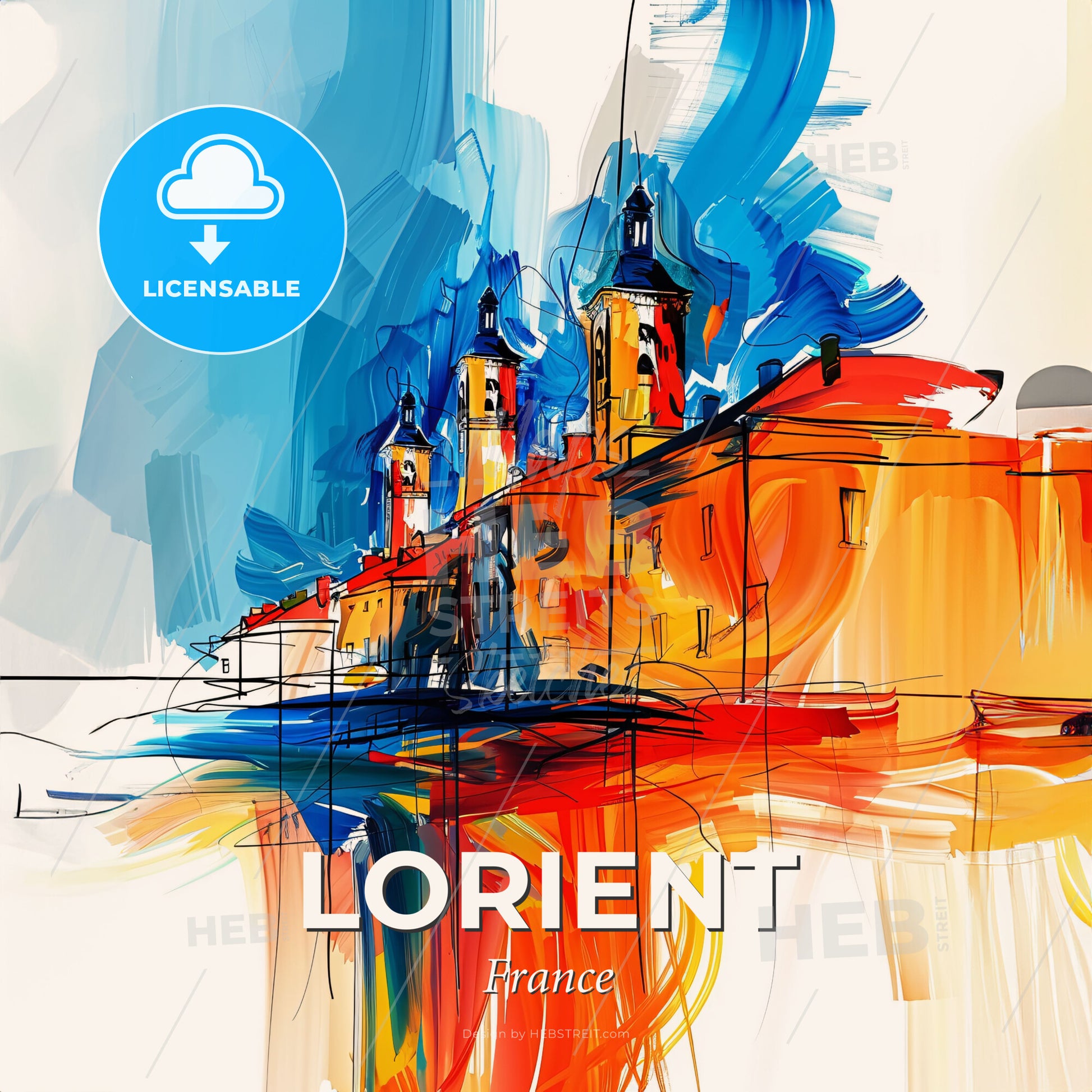 Vibrant Lorient, France - A Painting Of A Skyline With A Colorful Building - Square format print template