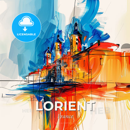 Vibrant Lorient, France - A Painting Of A Skyline With A Colorful Building - Square format print template