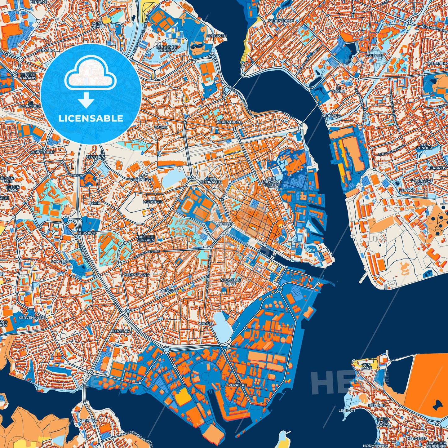 Colorful Lorient Street Map with Labels and Buildings