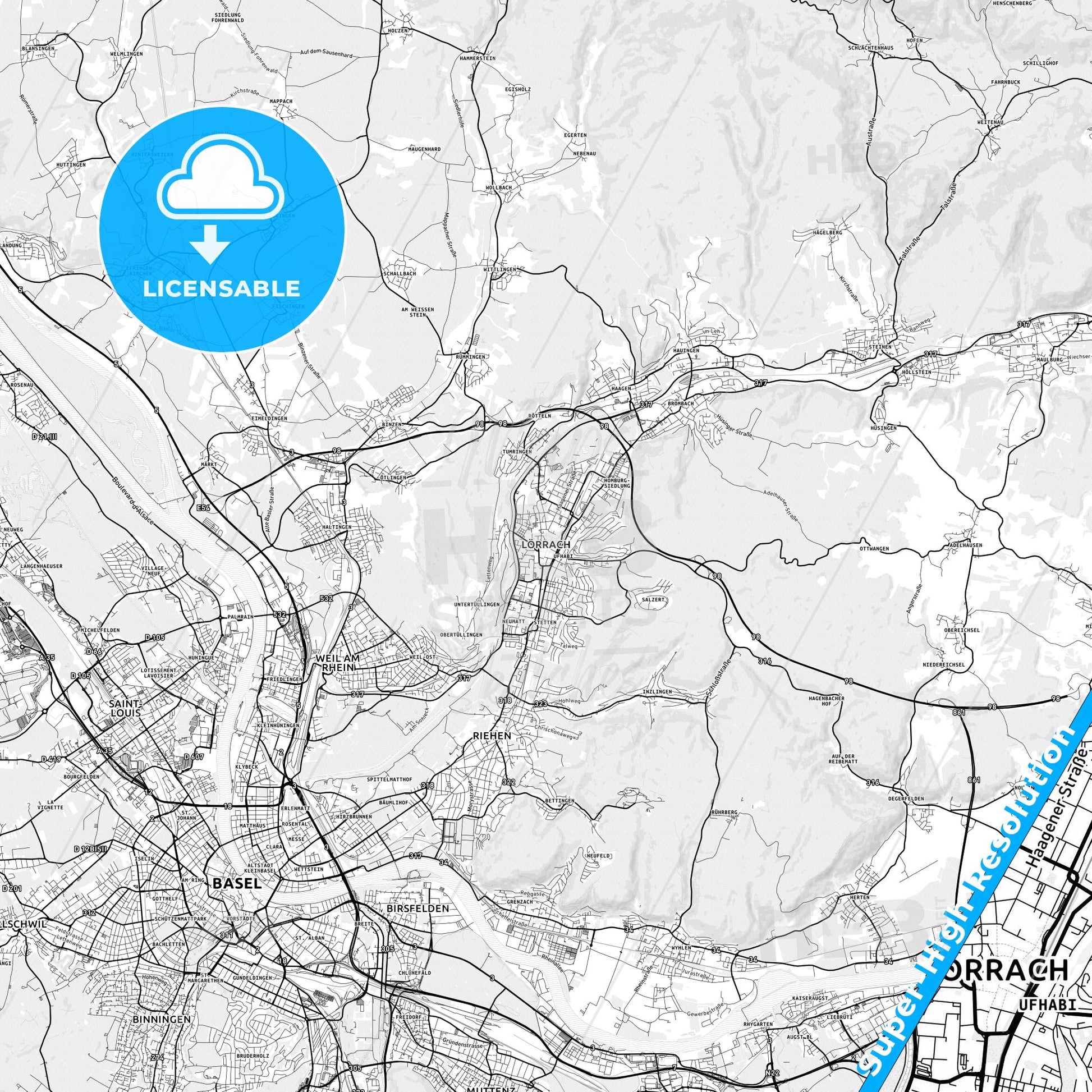 Lorrach, Germany light map with streetnames, citynames and districts
