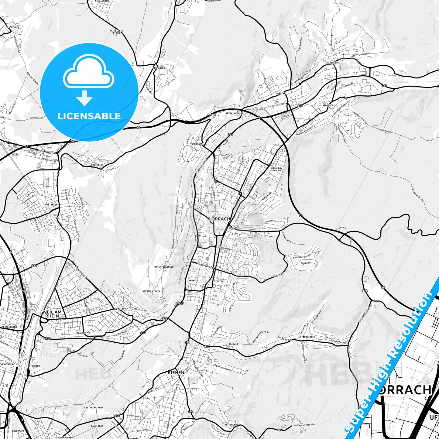 Lorrach, Germany Light Map with Street Names, City Names, and Districts