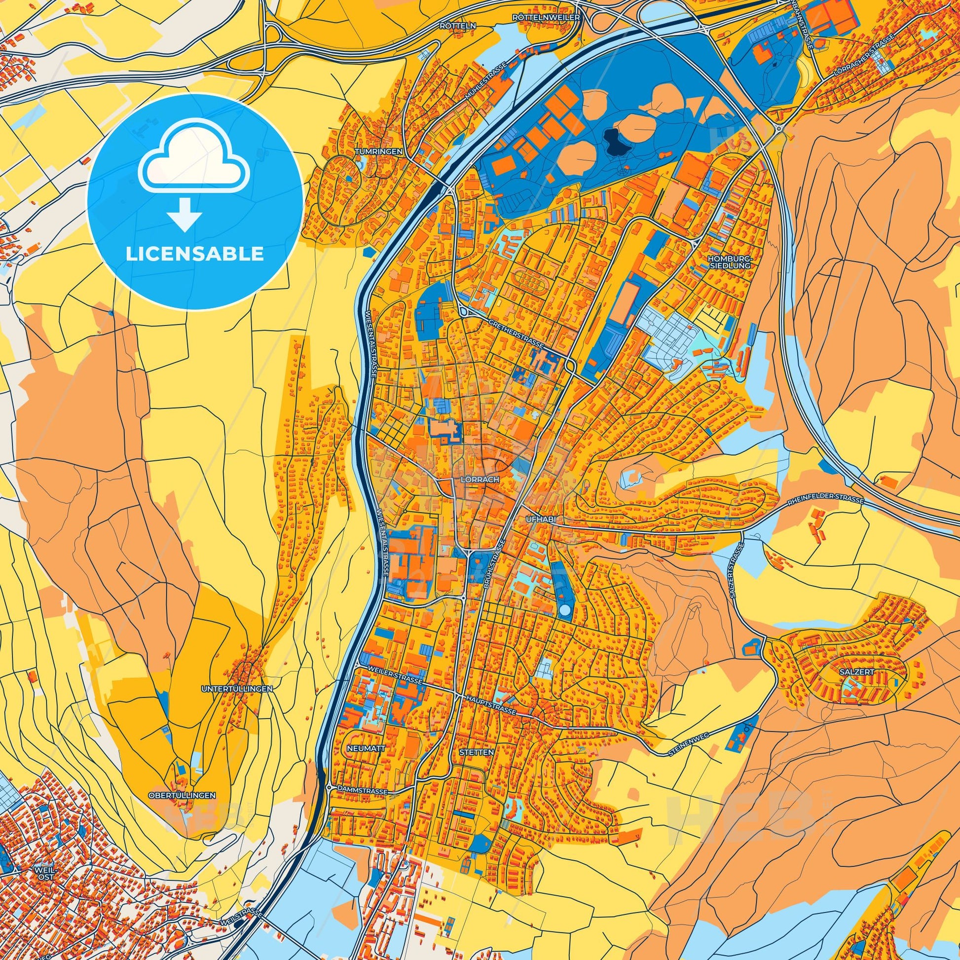 Colorful Lorrach Street Map with Labels and Buildings