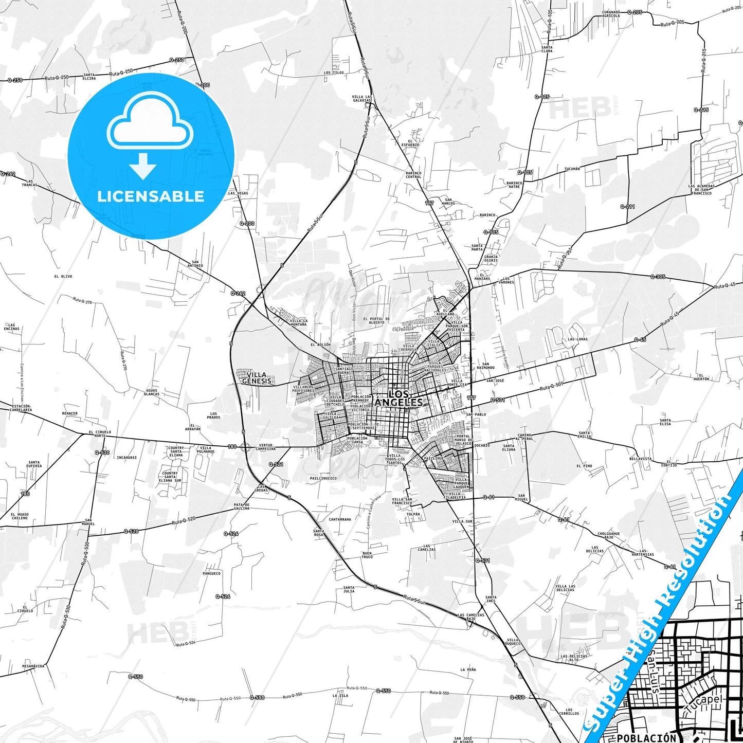 Los Angeles, Chile light map with streetnames, citynames and districts