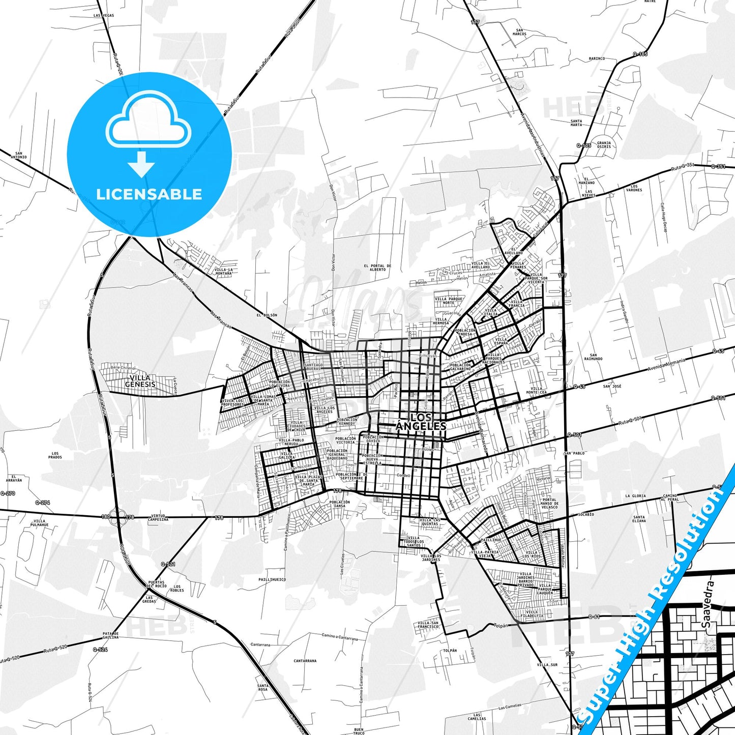 Los Angeles, Chile Light Map with Street Names, City Names, and Districts