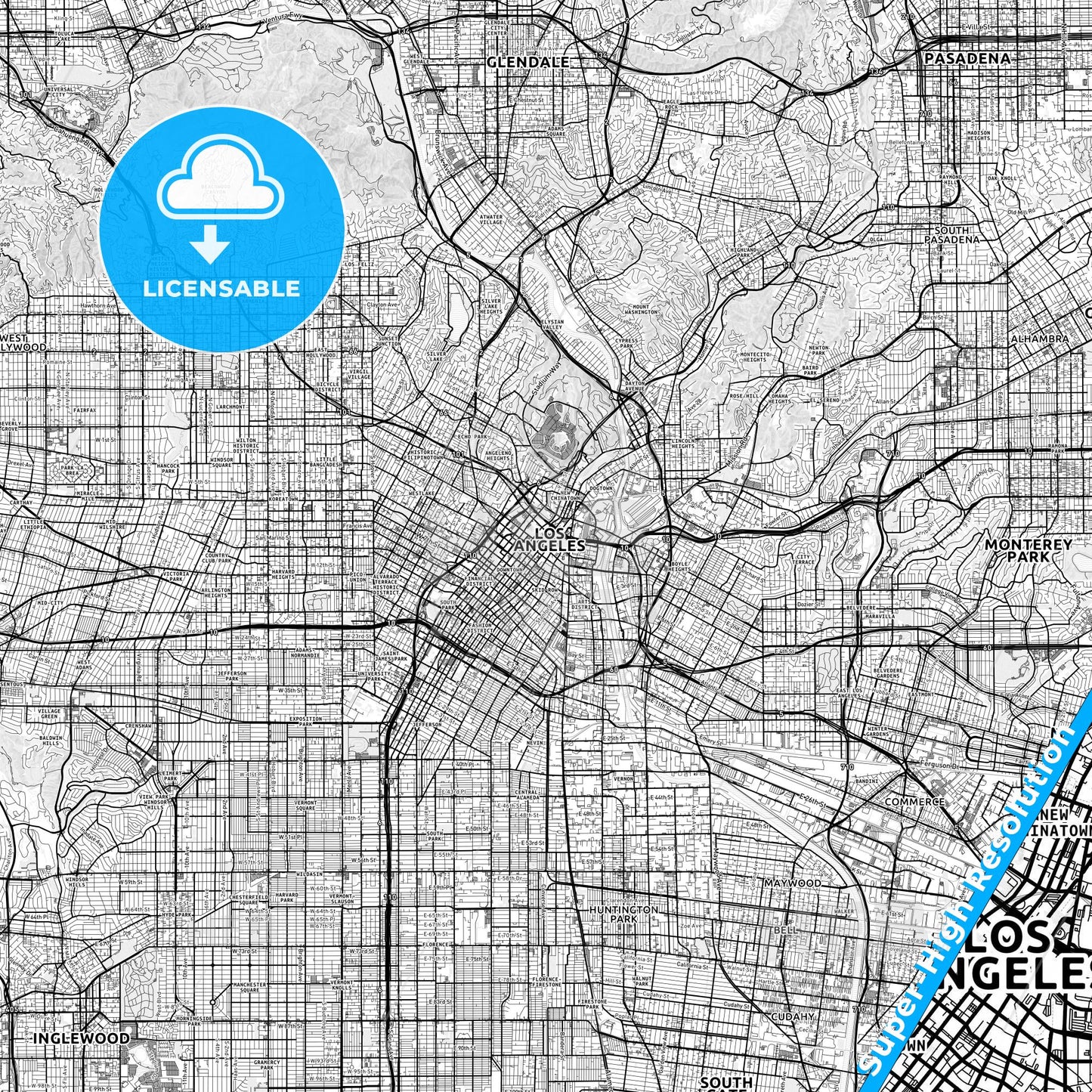 Los Angeles, California light map with streetnames, citynames and districts