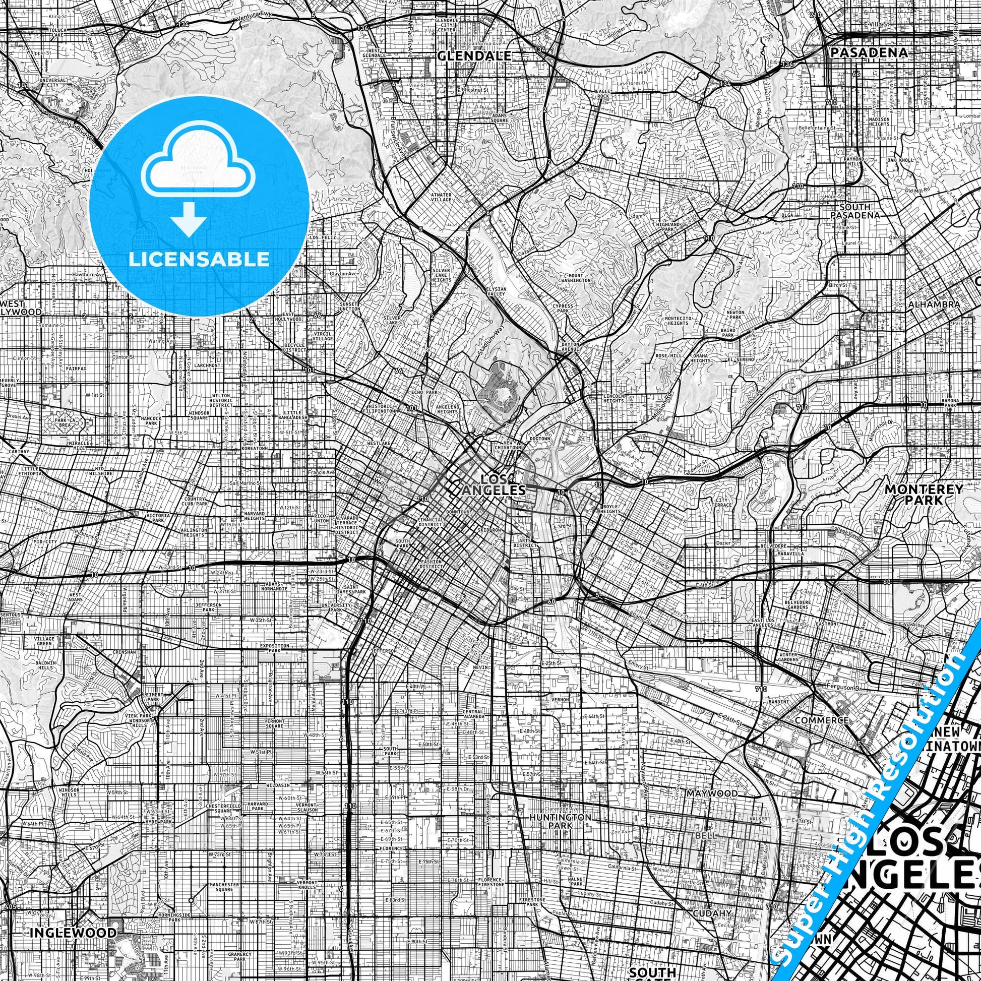 Los Angeles, California light map with streetnames, citynames and districts