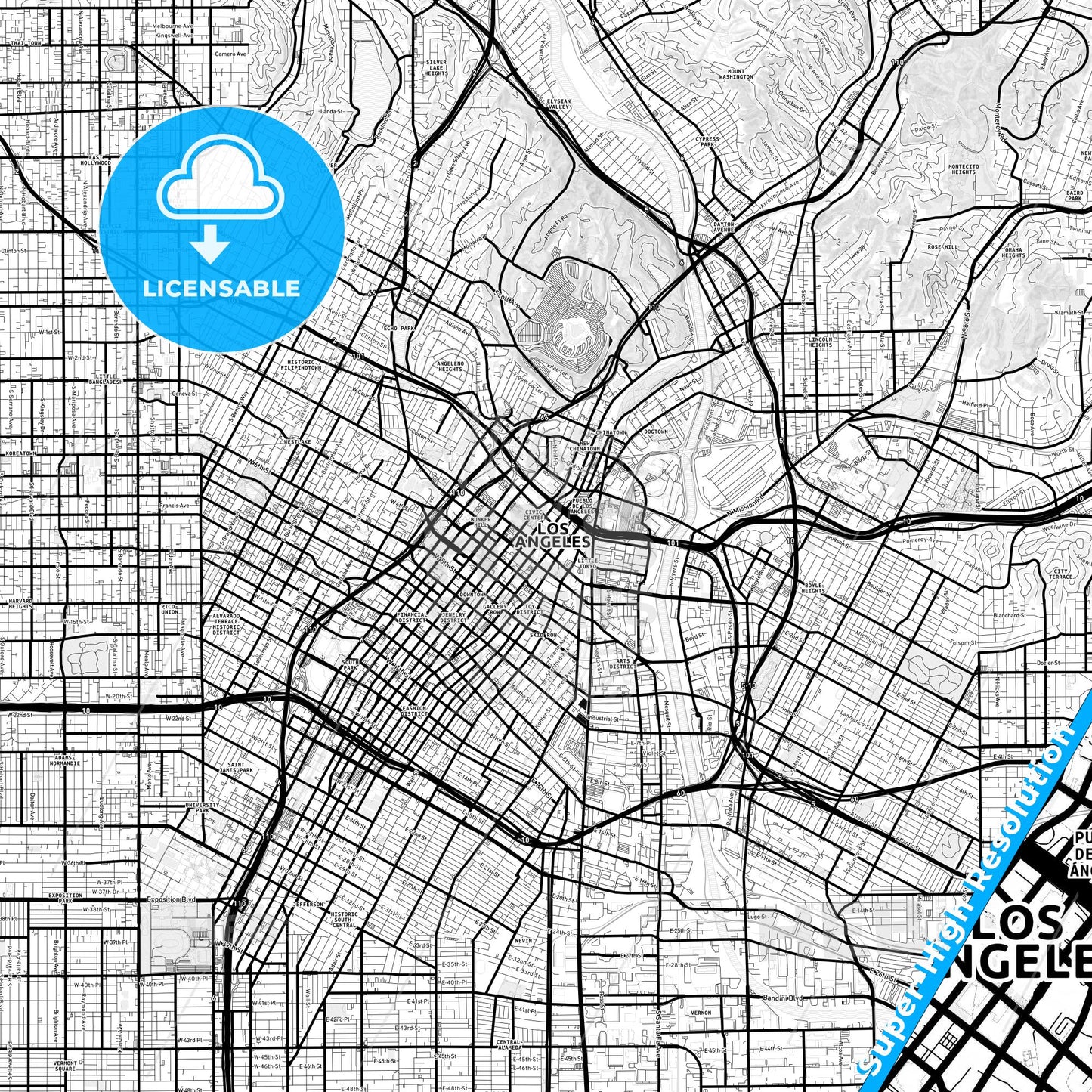 Los Angeles, California Light Map with Street Names, City Names, and Districts