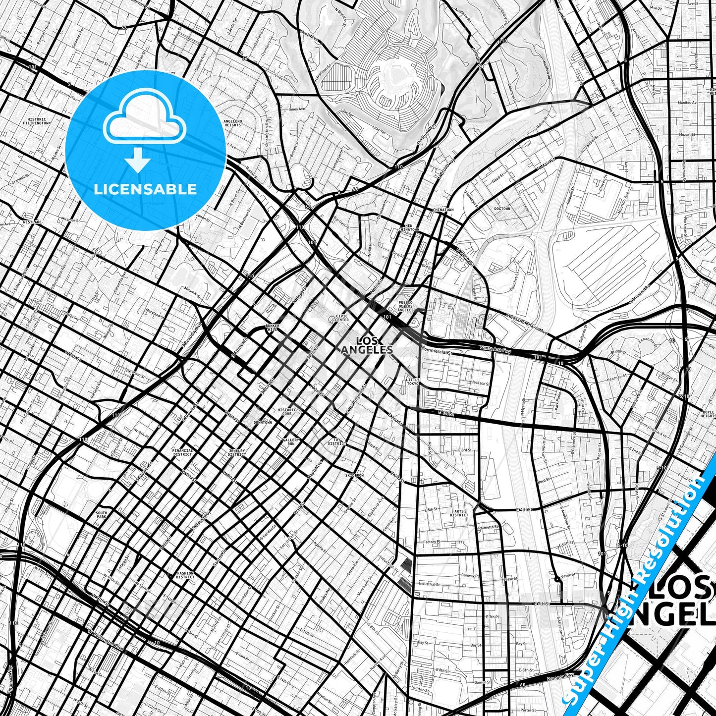 Los Angeles, California Light Map with Street Names, City Names, and Districts