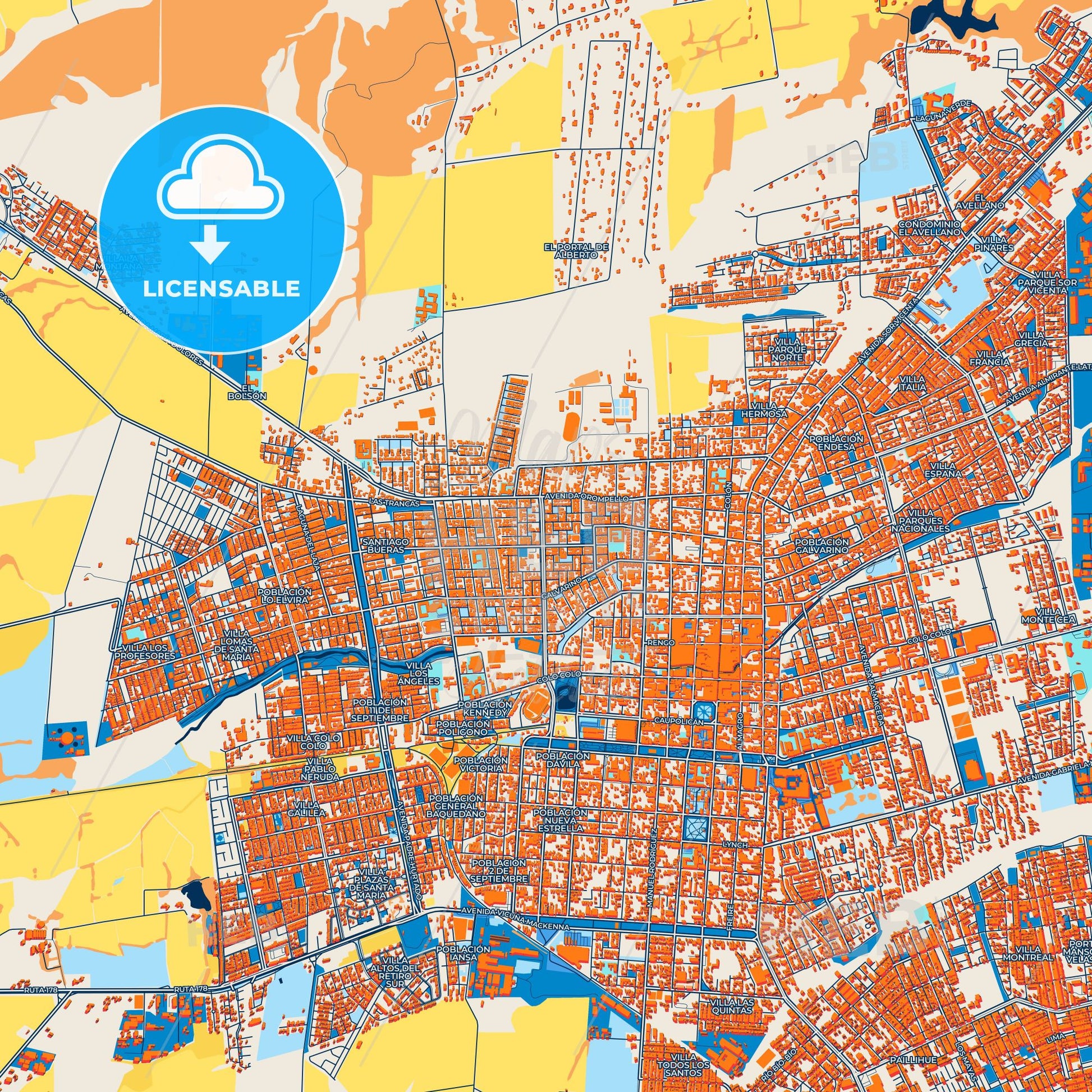 Colorful Los Angeles Street Map with Labels and Buildings