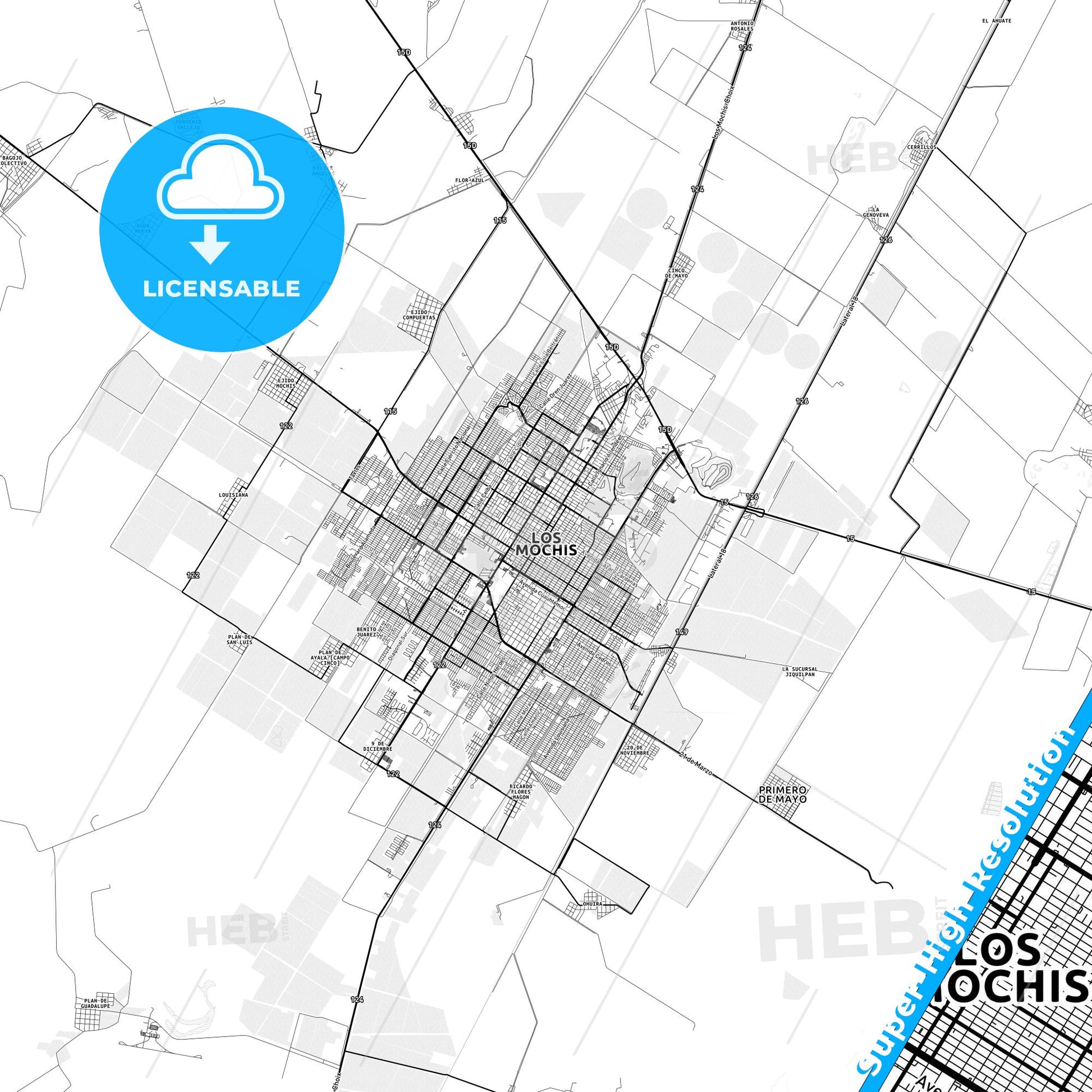 Los Mochis, Mexico light map with streetnames, citynames and districts
