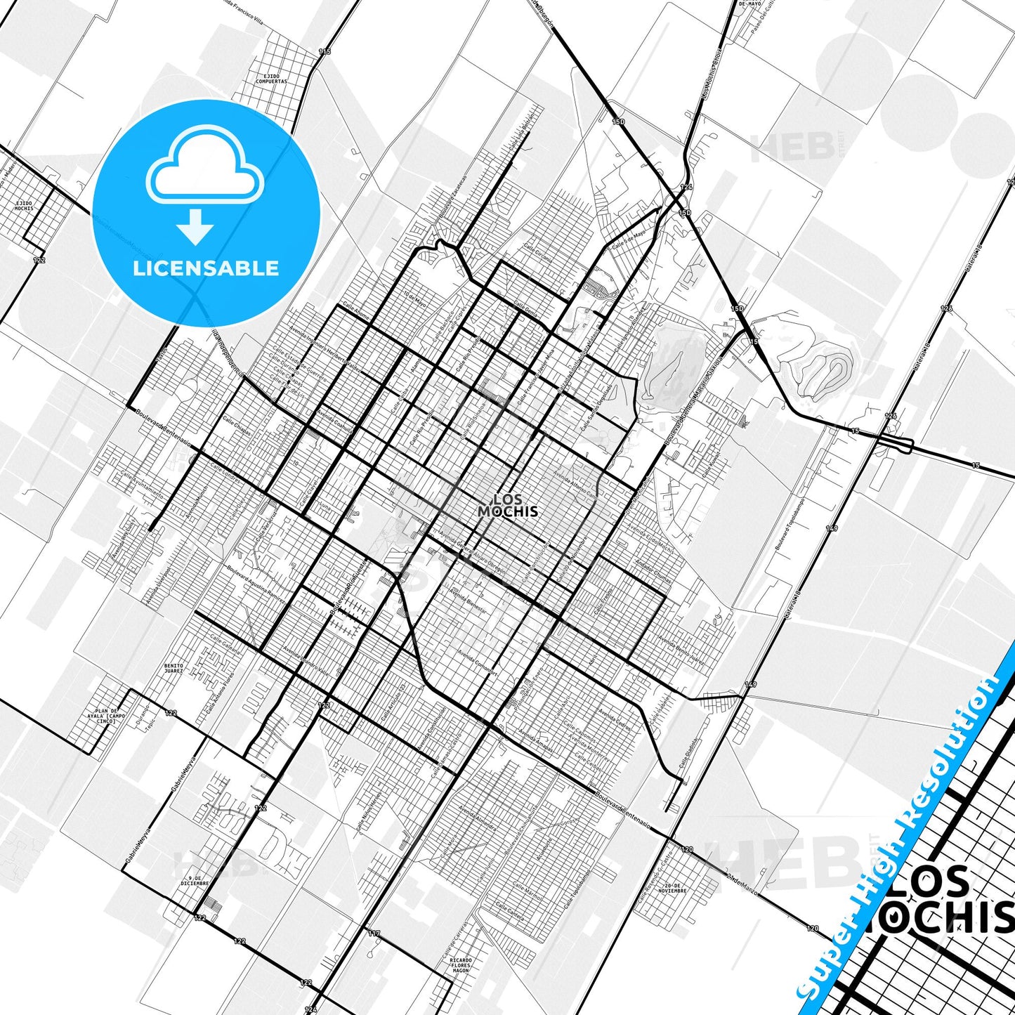 Los Mochis, Mexico Light Map with Street Names, City Names, and Districts