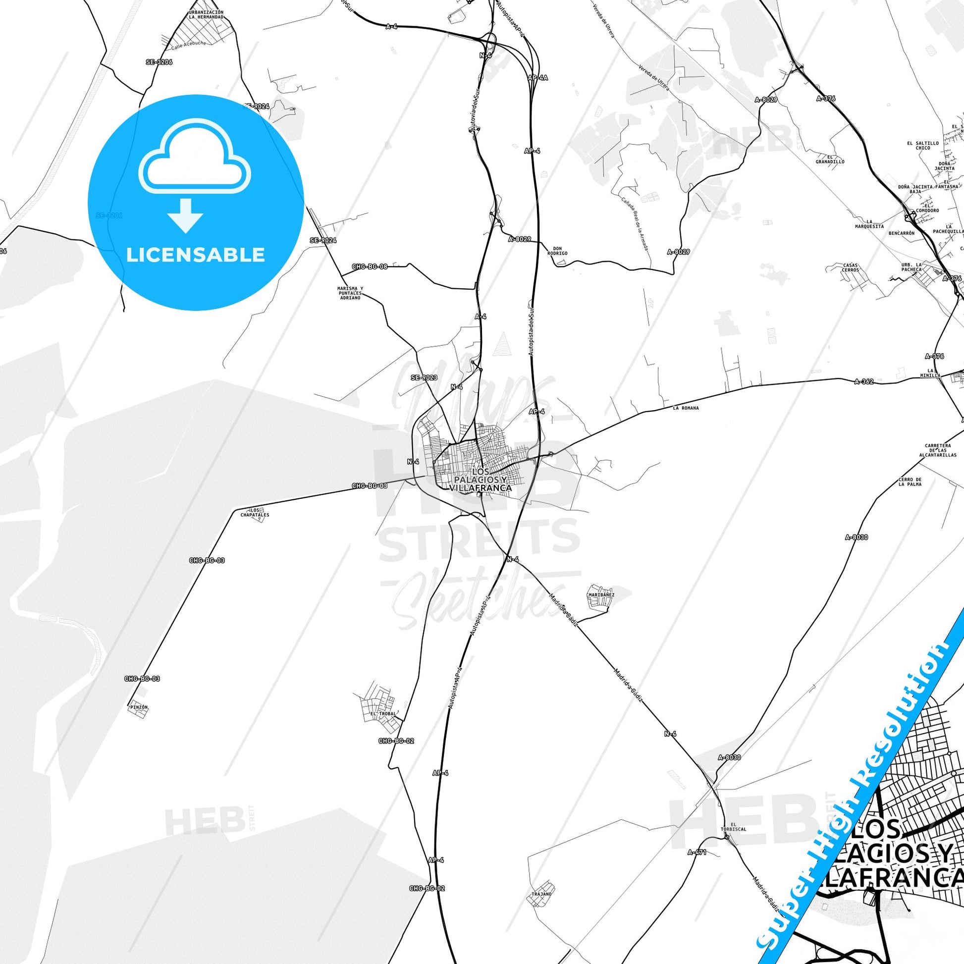 Los Palacios y Villafranca, Spain light map with streetnames, citynames and districts