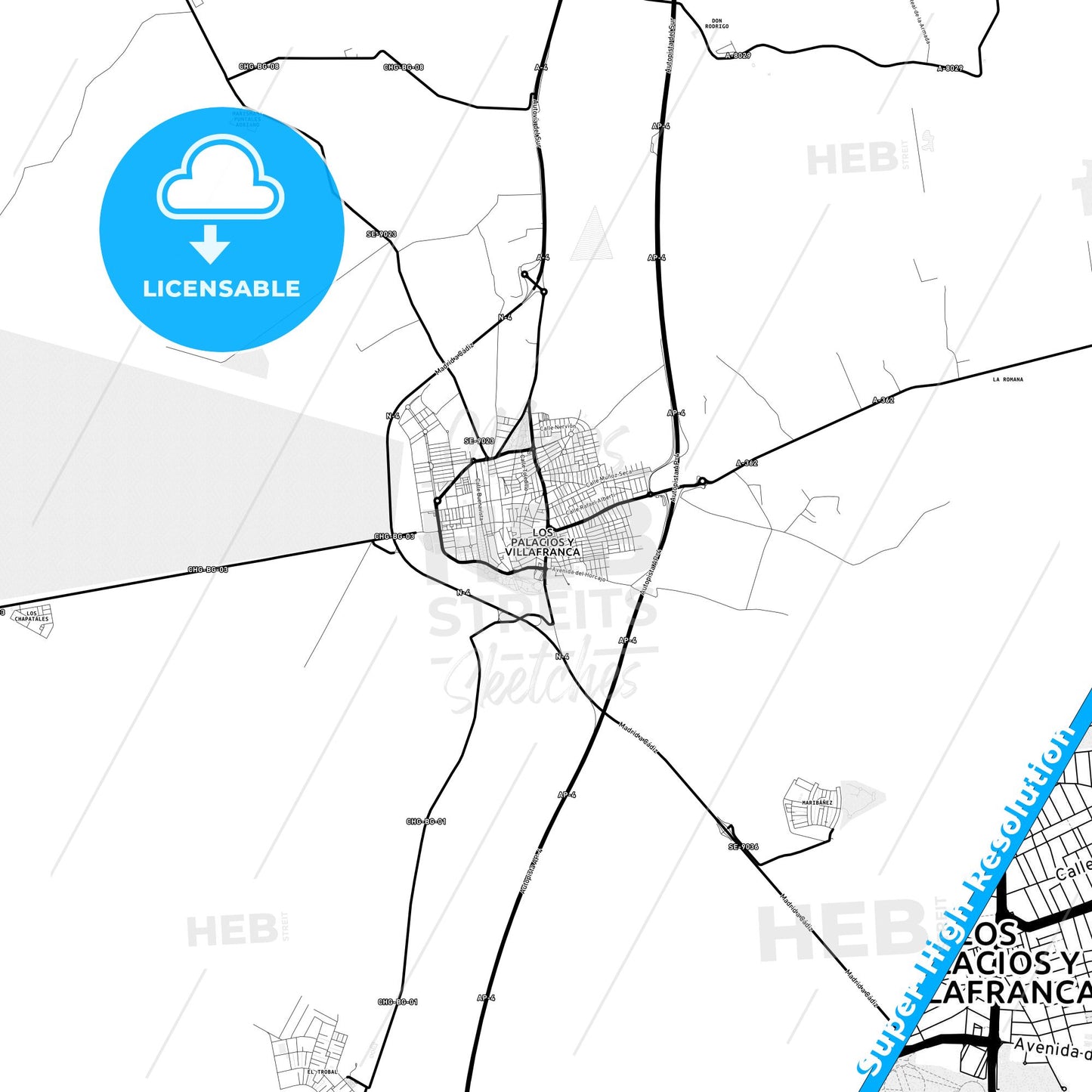 Los Palacios y Villafranca, Spain Light Map with Street Names, City Names, and Districts