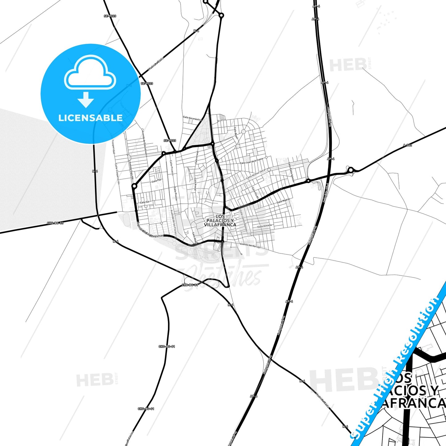 Los Palacios y Villafranca, Spain Light Map with Street Names, City Names, and Districts