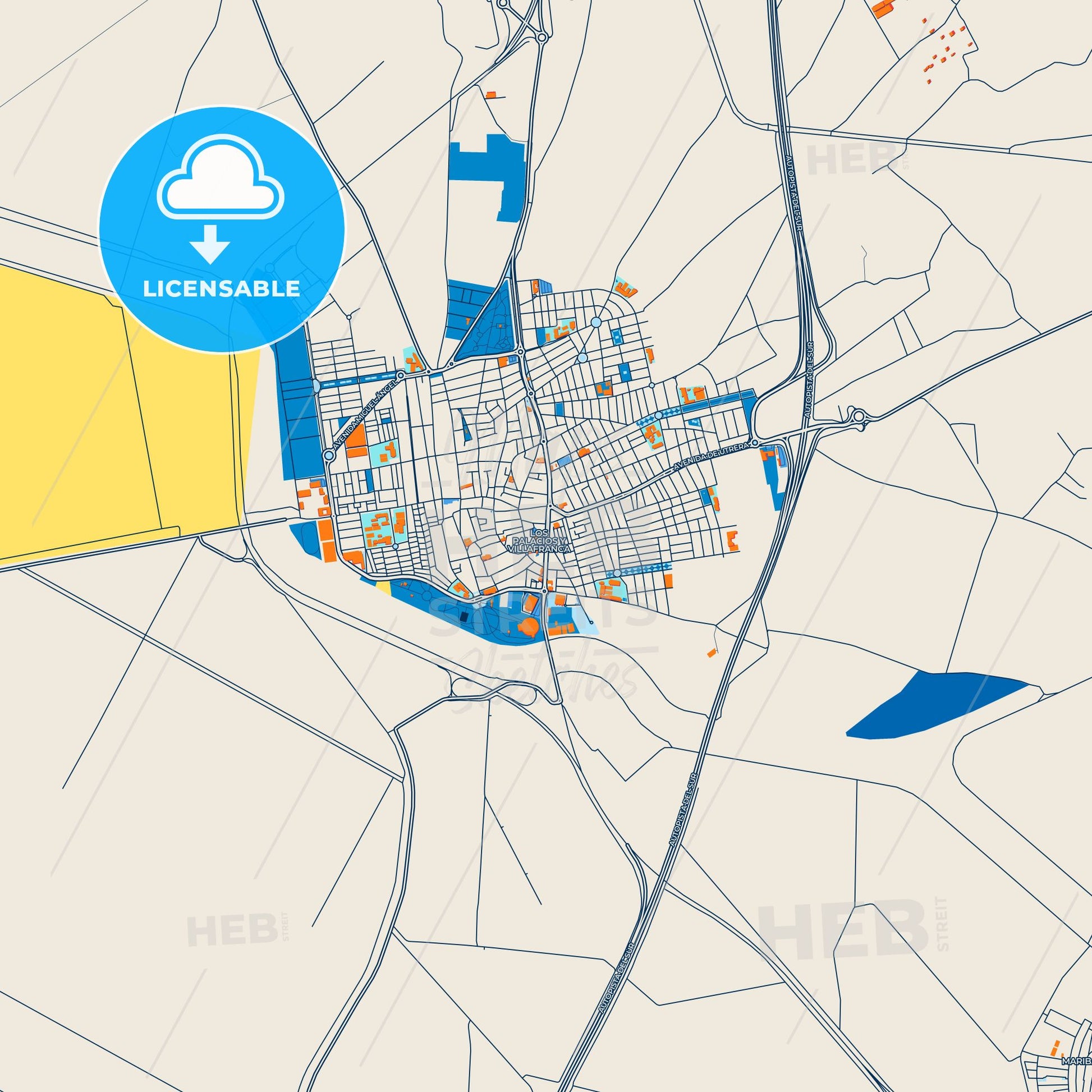 Colorful Los Palacios y Villafranca Street Map with Labels and Buildings