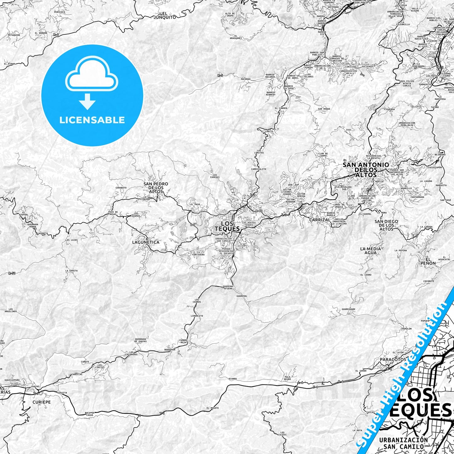 Los Teques, Venezuela light map with streetnames, citynames and districts