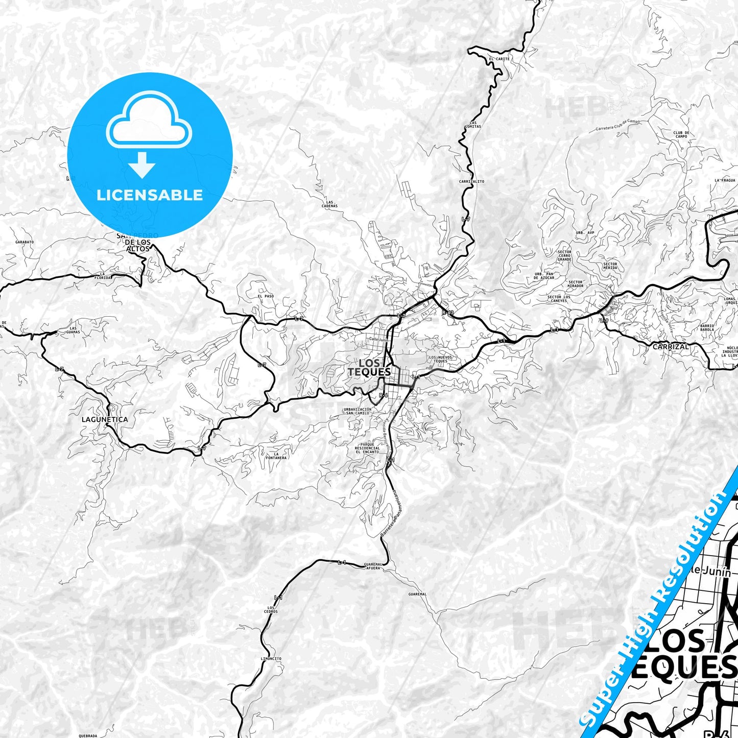 Los Teques, Venezuela Light Map with Street Names, City Names, and Districts
