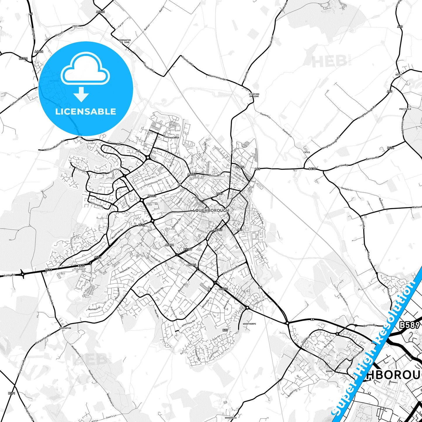 Loughborough, England Light Map with Street Names, City Names, and Districts