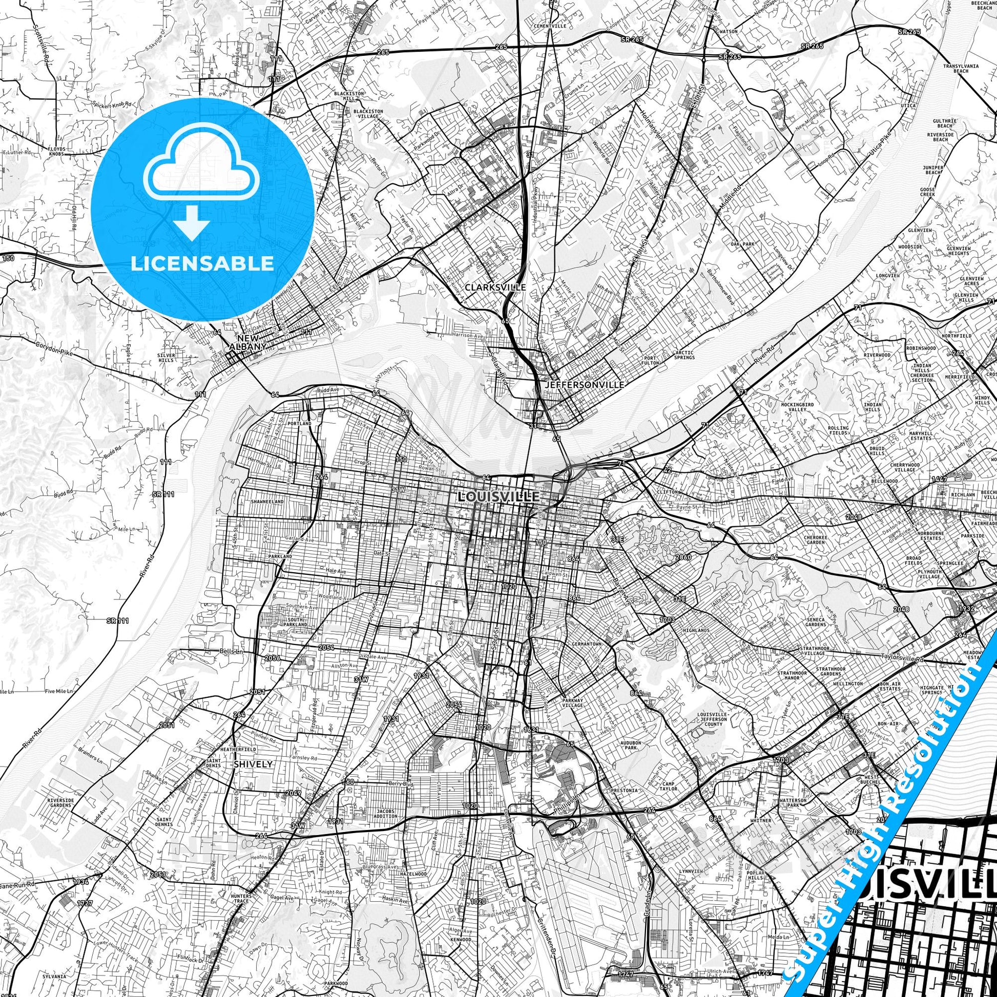 Louisville, Kentucky light map with streetnames, citynames and districts