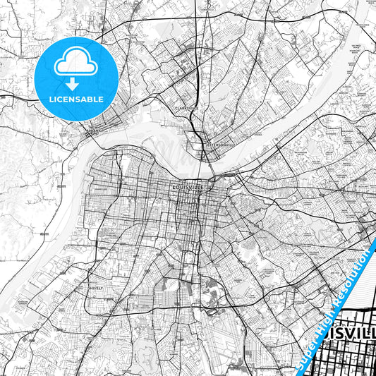 Louisville, Kentucky light map with streetnames, citynames and districts