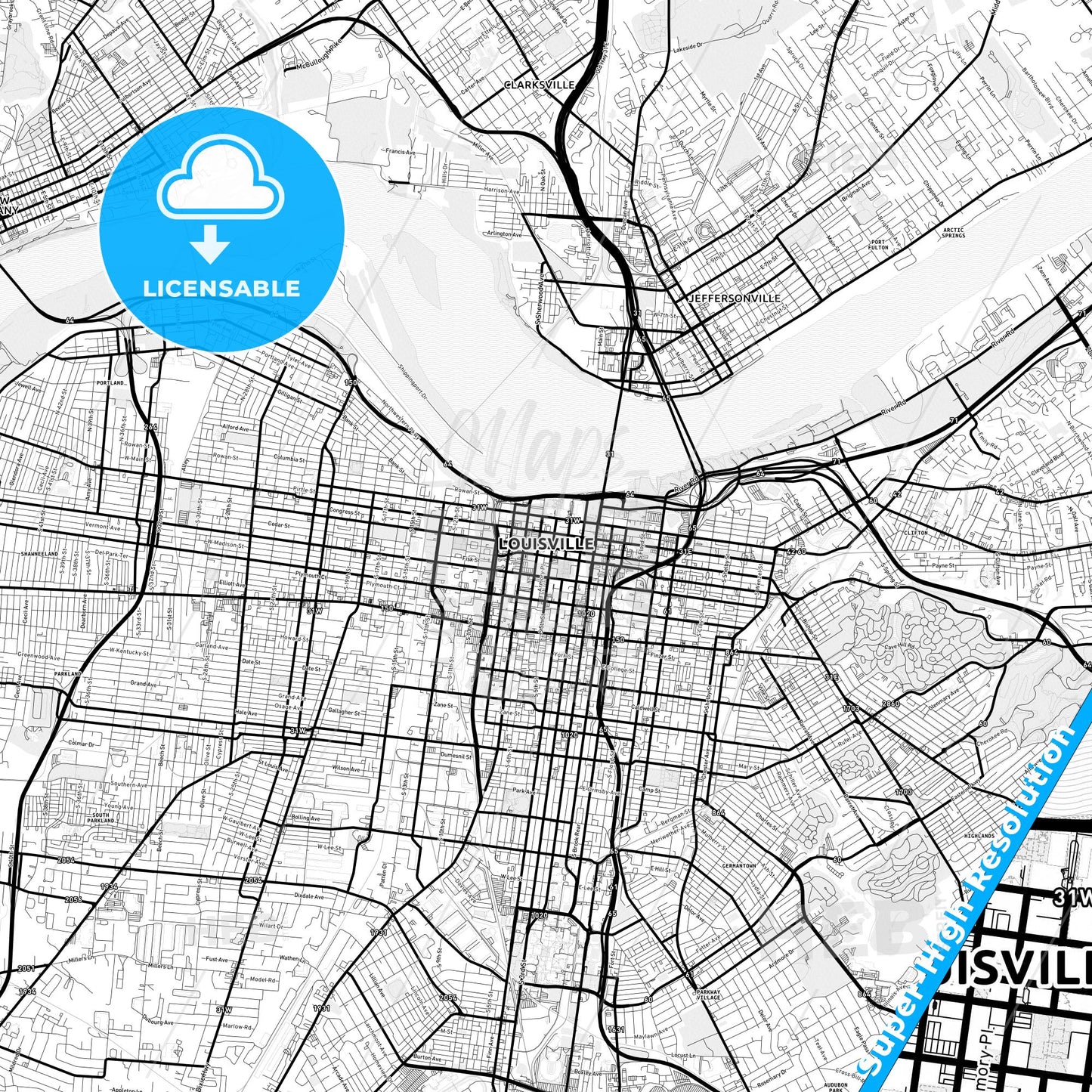 Louisville, Kentucky Light Map with Street Names, City Names, and Districts
