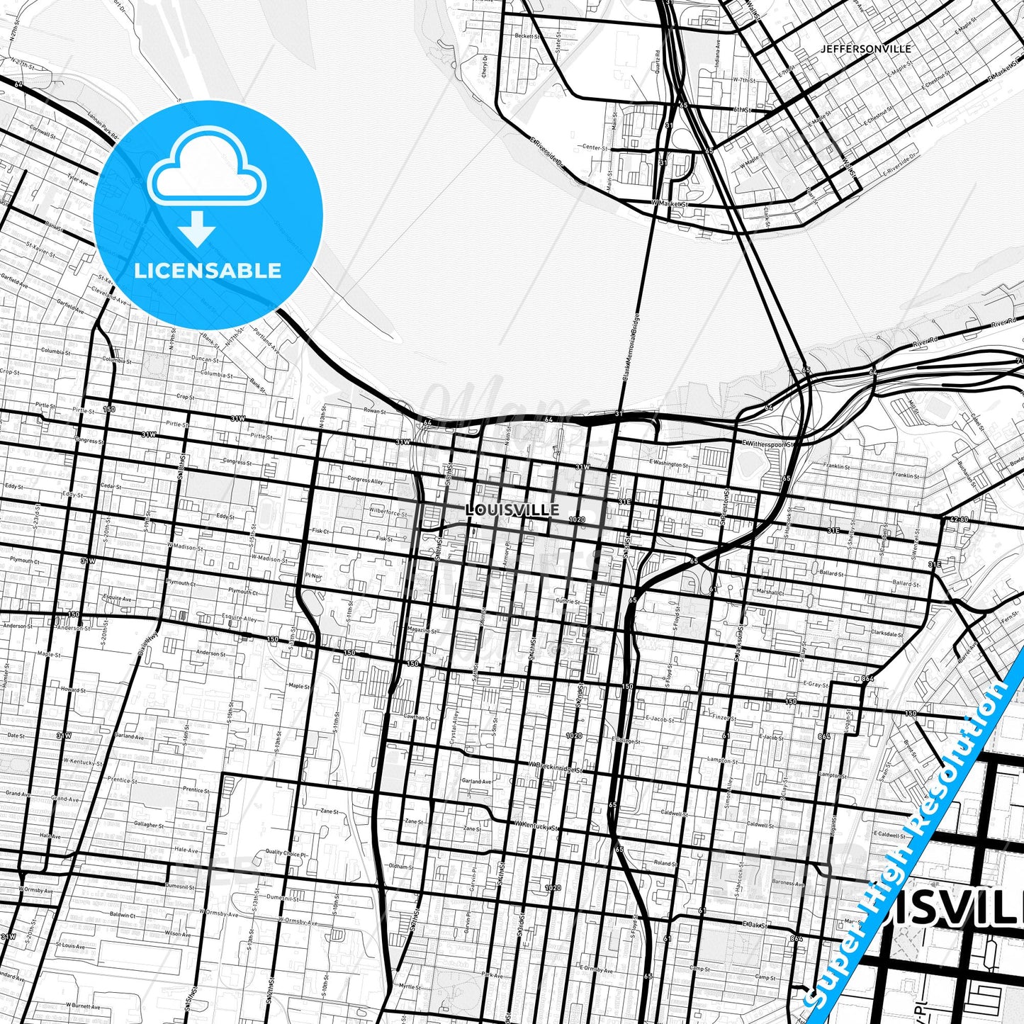 Louisville, Kentucky Light Map with Street Names, City Names, and Districts