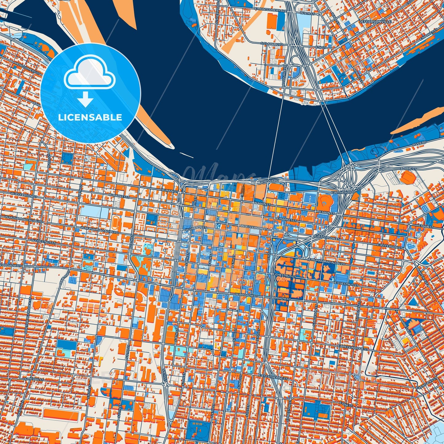 Colorful Louisville Street Map with Labels and Buildings
